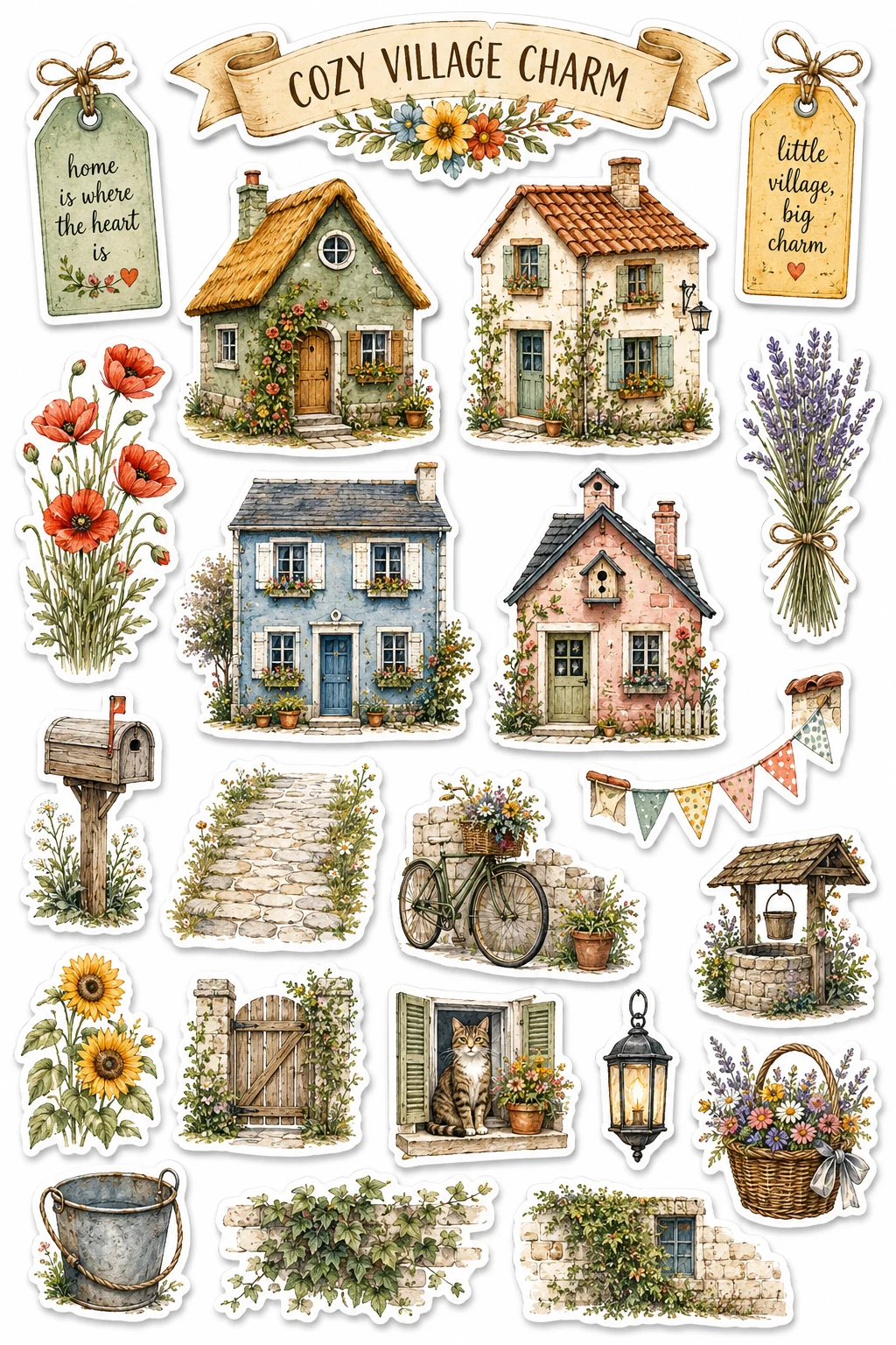 Cozy Village Charm English Cottages Path Sheet featuring cottagecore architecture, cozy village houses, seasonal cabins, and countryside farms.