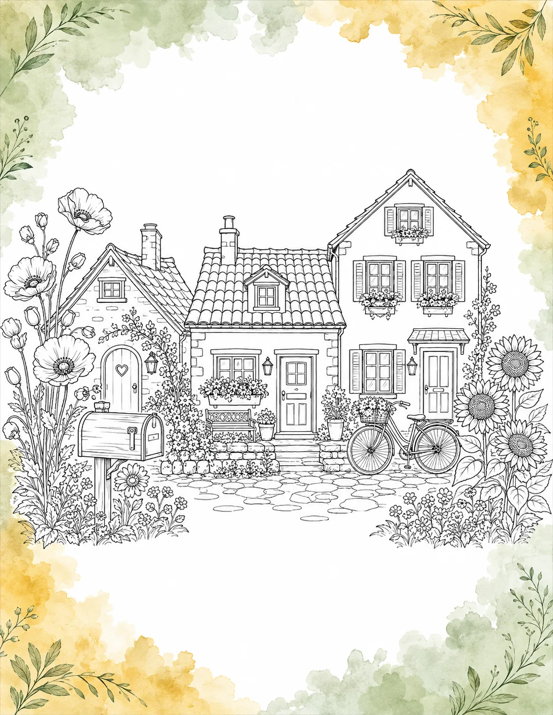 Black and white line art coloring page of three cozy village cottages with flower gardens, a mailbox, and a bicycle inside a yellow and green watercolor border.