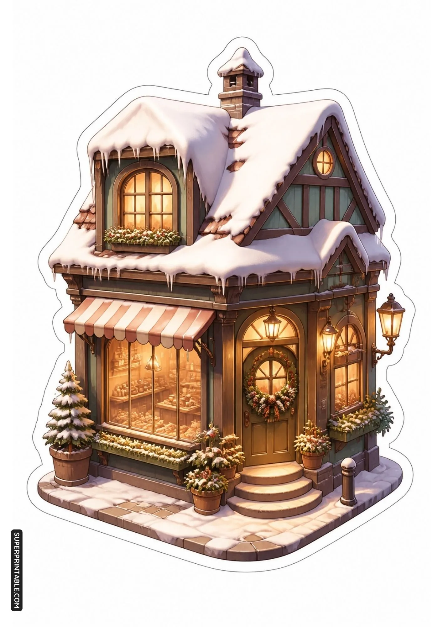 Cozy cottage house stickers featuring a snow-covered holiday bakery storefront.