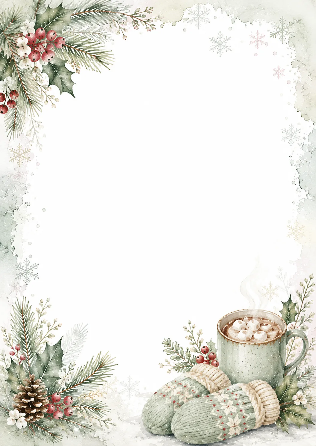 Winter stationery border with knitted cups, a warm drink, pinecones, and evergreen branches