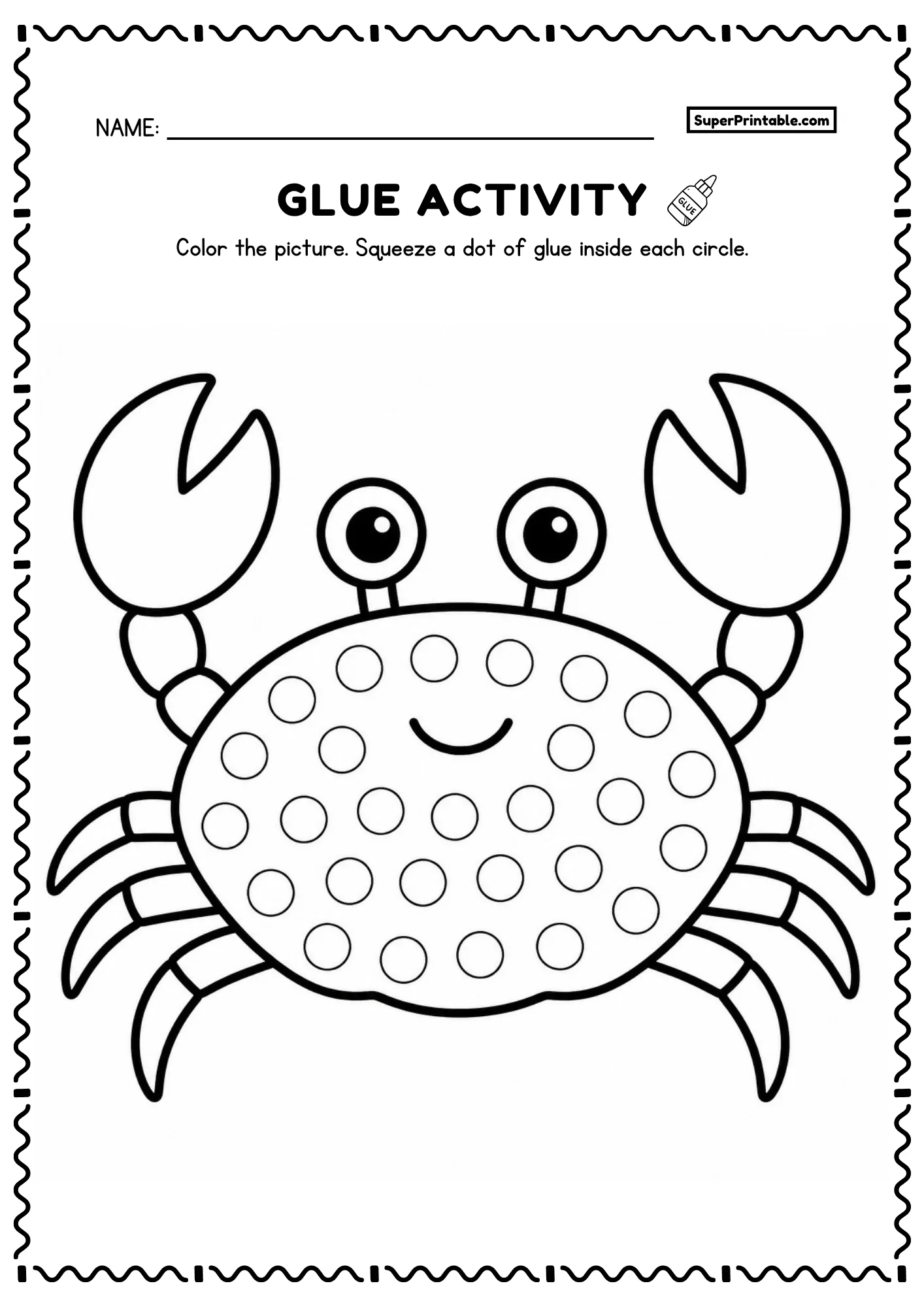Smiling crab printable glue worksheet with large claws and dot circles for kids