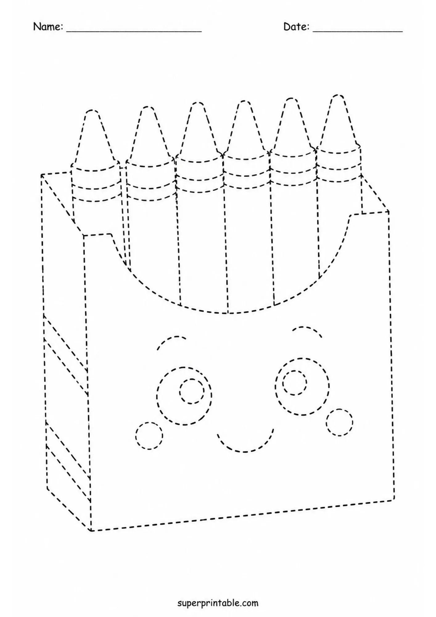 Dashed line tracing page showing a cartoon crayon box with six crayons and a friendly smiling face.