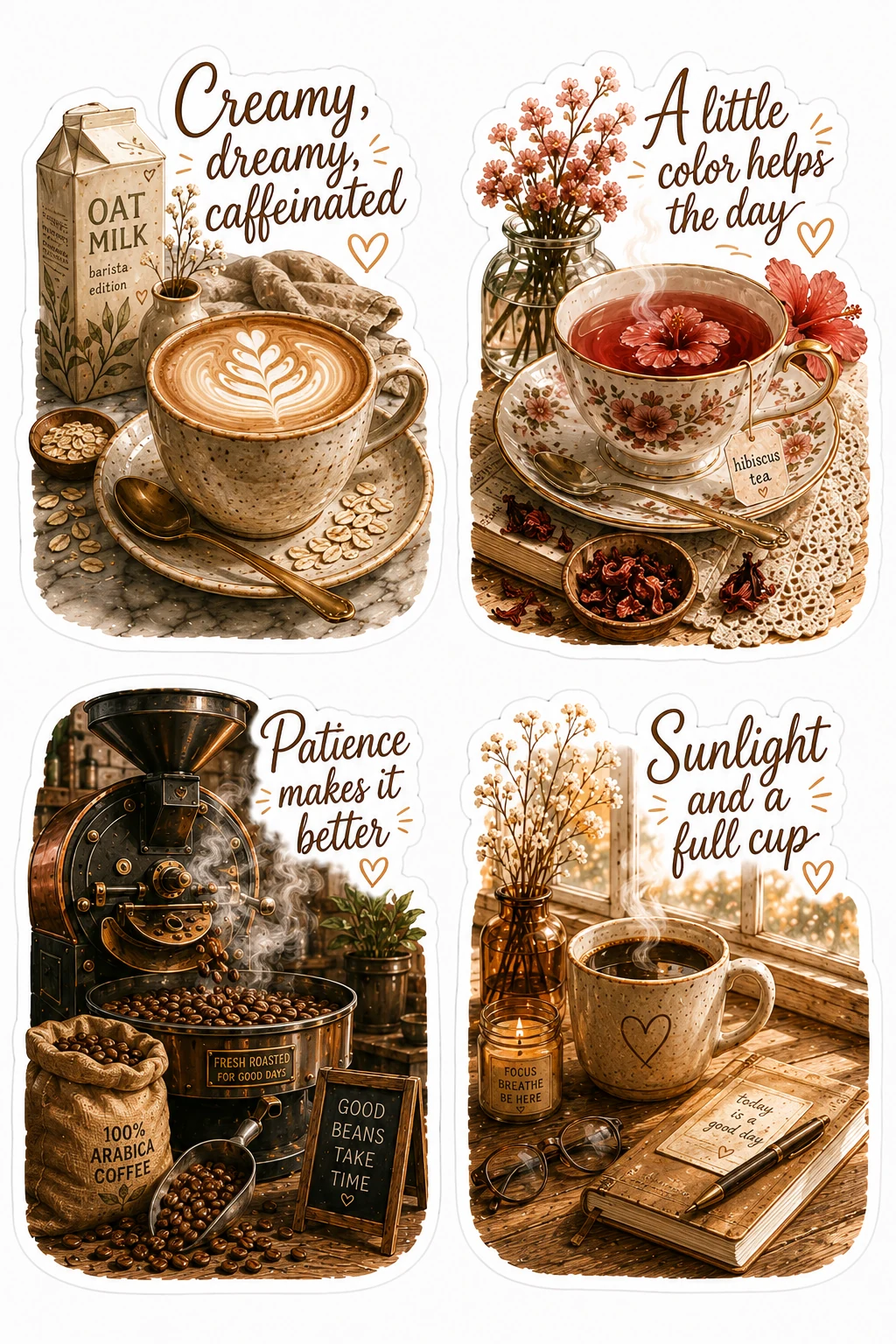Creamy Dreamy Caffeinated Sunlight Full Cup Sheet featuring cozy coffee aesthetic, tea time rituals, espresso drinks, and bakery cafes.