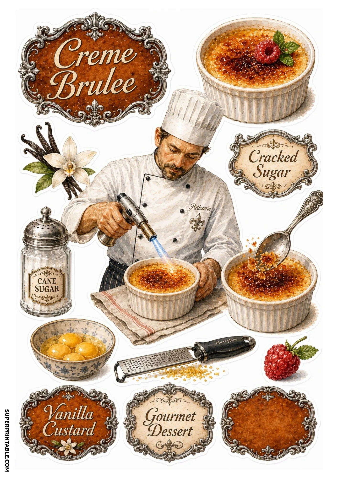 Crème brûlée sticker sheet with a chef torching custard, raspberries, egg yolks, sugar dispenser, and silver labels.
