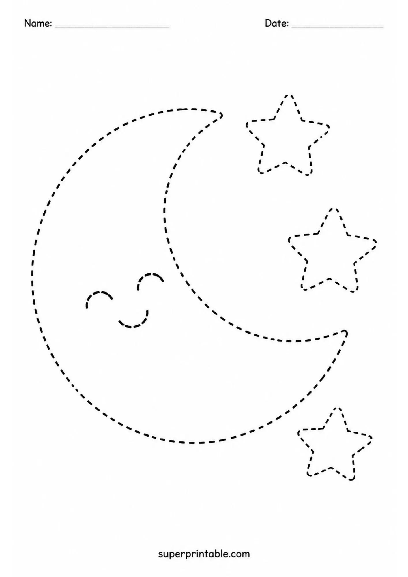 Black and white tracing worksheet showing a friendly crescent moon surrounded by three five-pointed star shapes in dashed lines.
