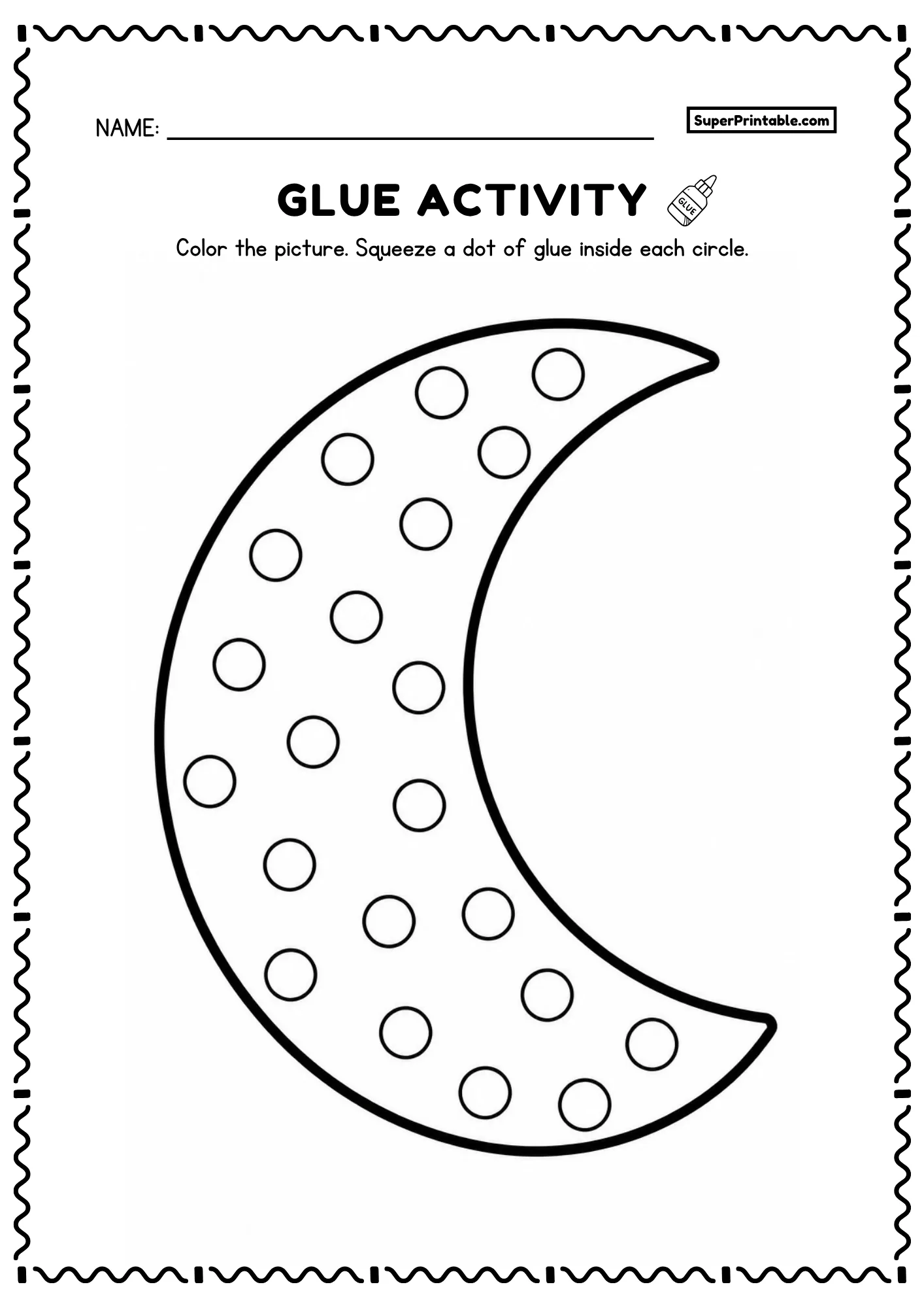 Crescent moon with empty circles for a fun kids dot glue and coloring activity