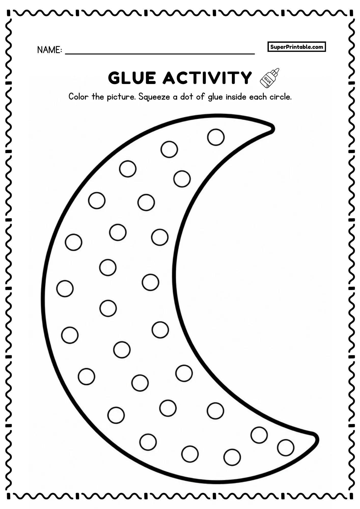 Crescent moon glue worksheet with simple circles for preschool fine motor practice