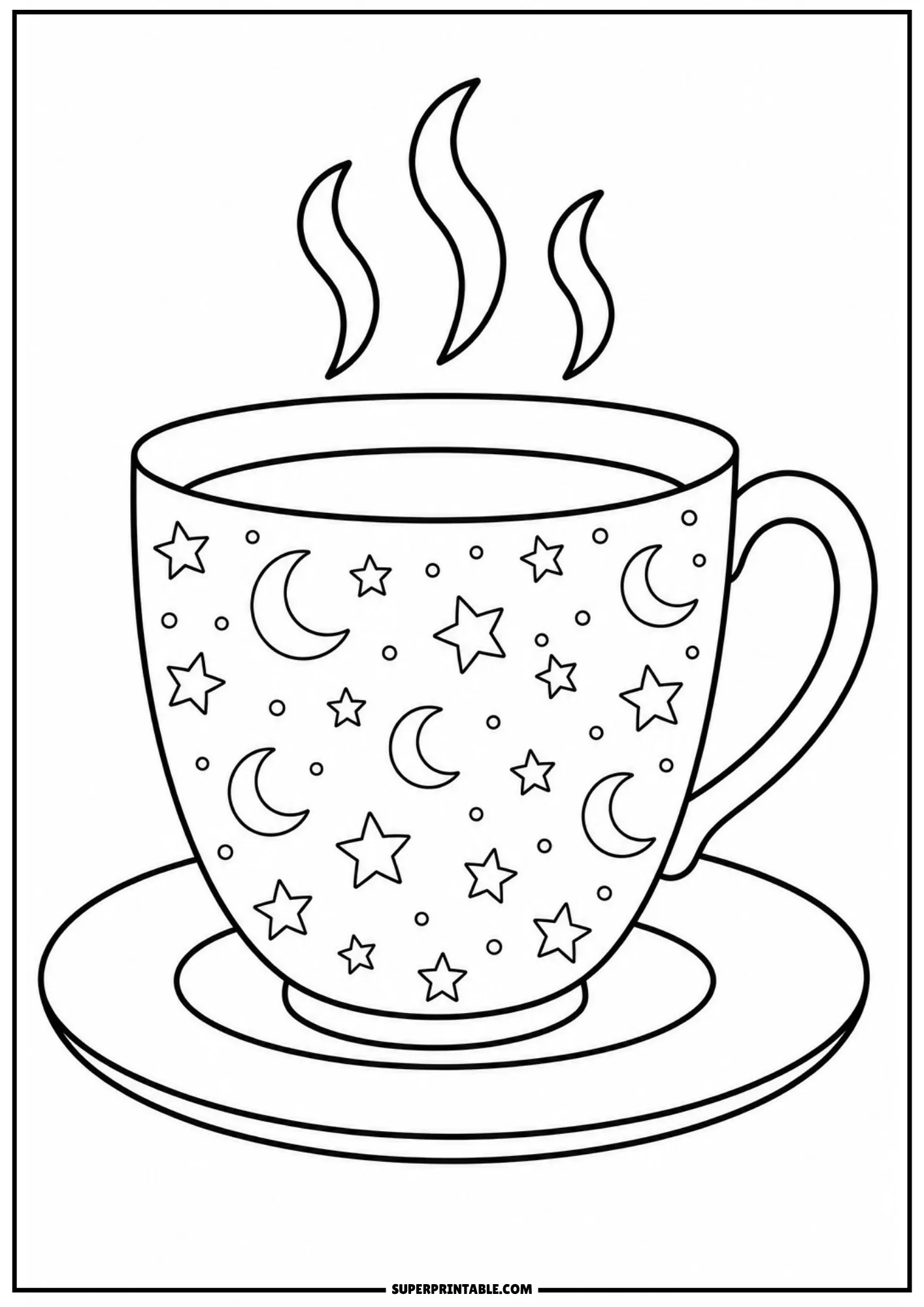 Steaming tea cup on a saucer patterned with celestial crescent moons, stars, and small dots.