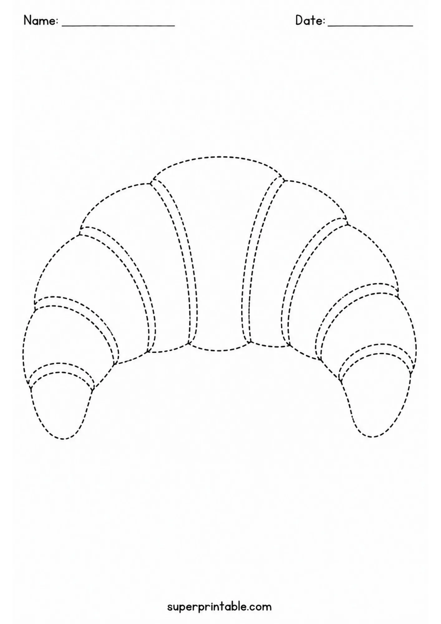 Crescent croissant line tracing page for early childhood handwriting practice.