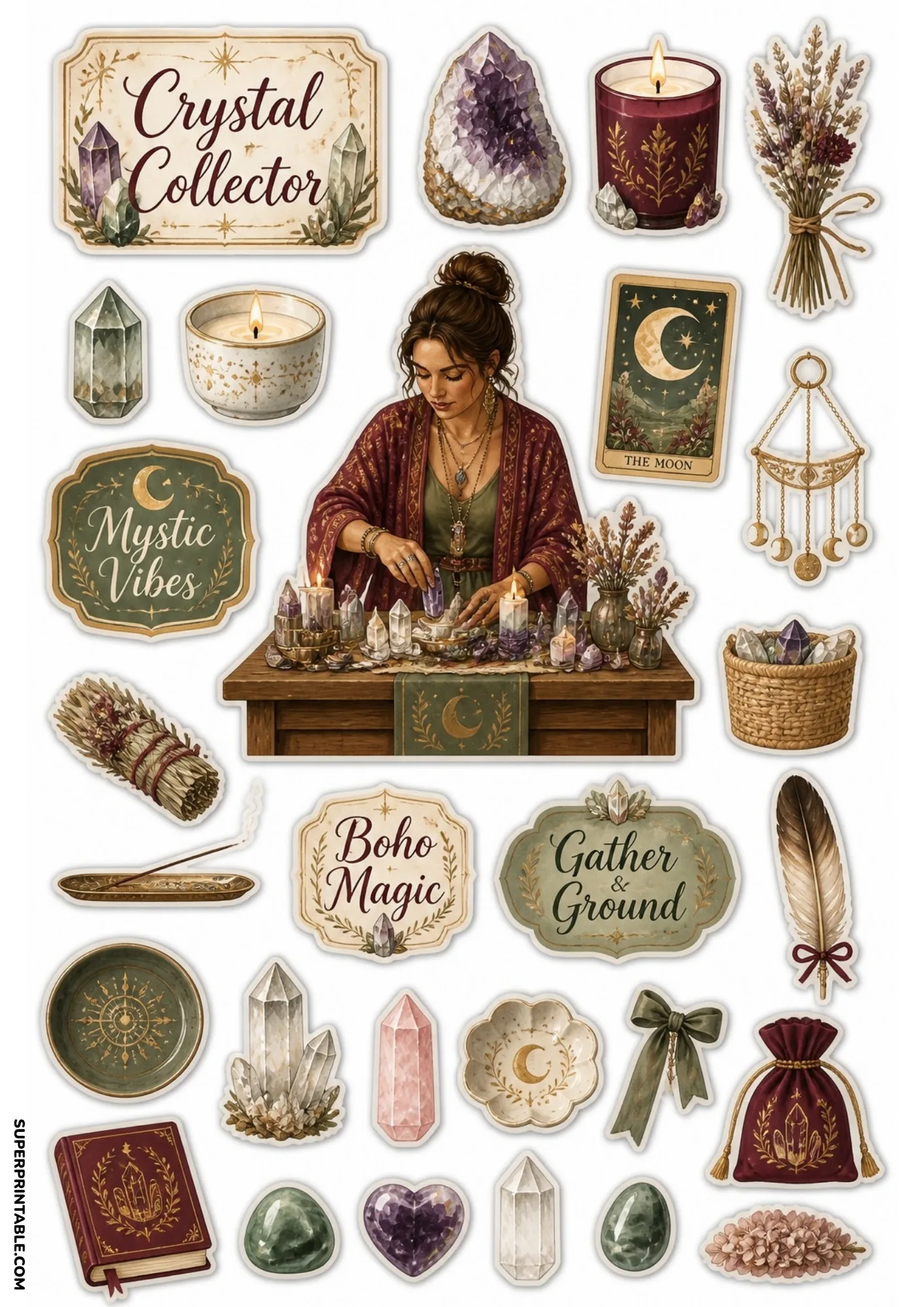 Mystic crystal stickers showing a woman arranging amethyst crystals and tarot cards at an altar.