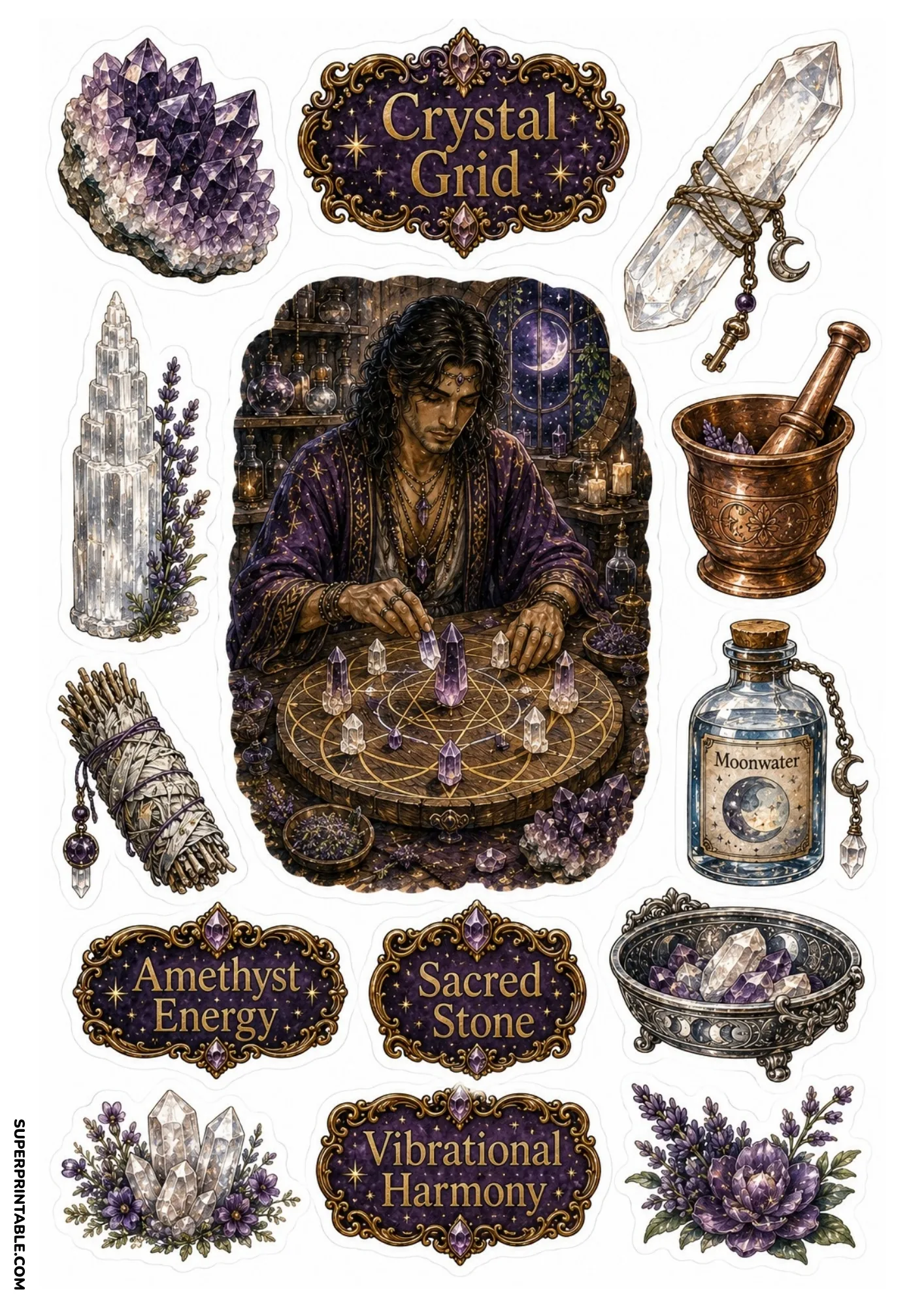 Crystal grid practitioner setting up stones with raw amethyst, selenite wand, moonwater jar, and floral embellishments.