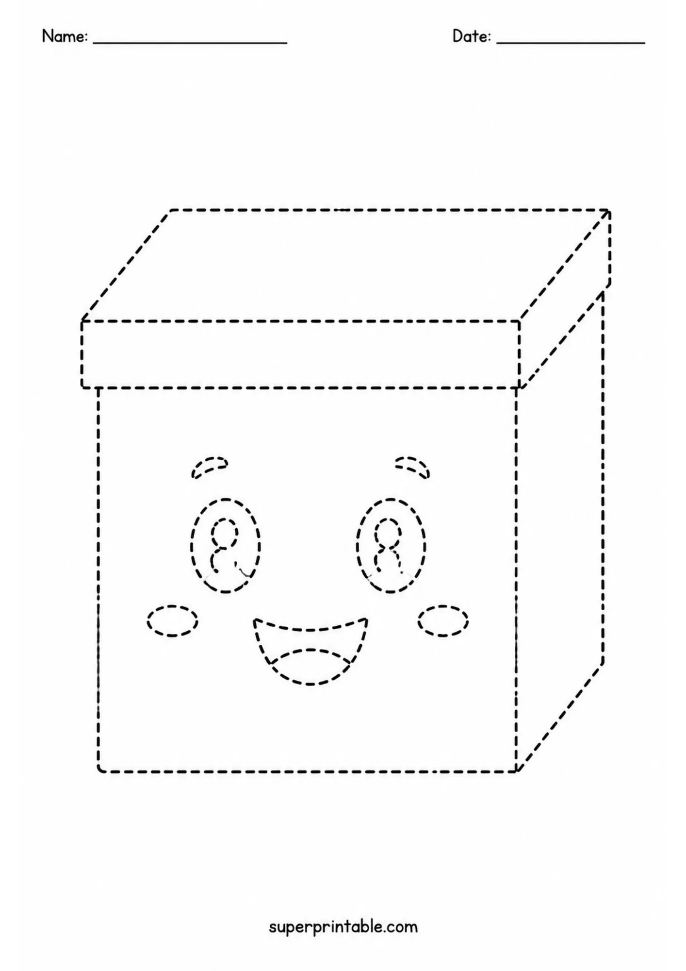 Printable cube box with a smiling face using dotted lines.