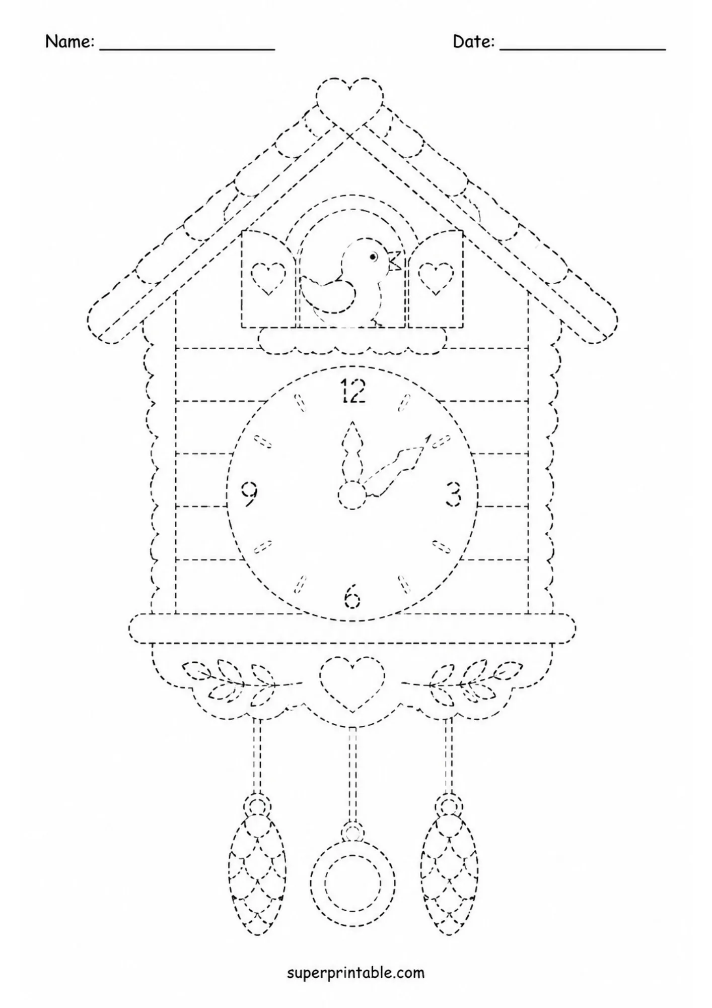 Printable cuckoo clock tracing worksheet showing a friendly bird and hanging clock weights.