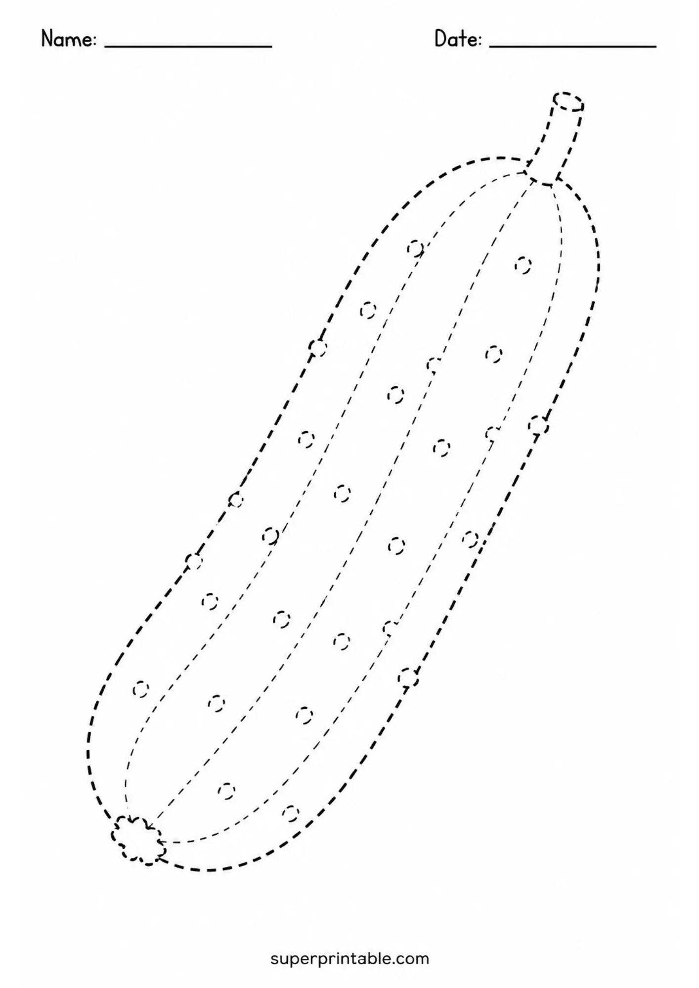 Long cucumber vegetable outline with skin bumps in dashed line art.