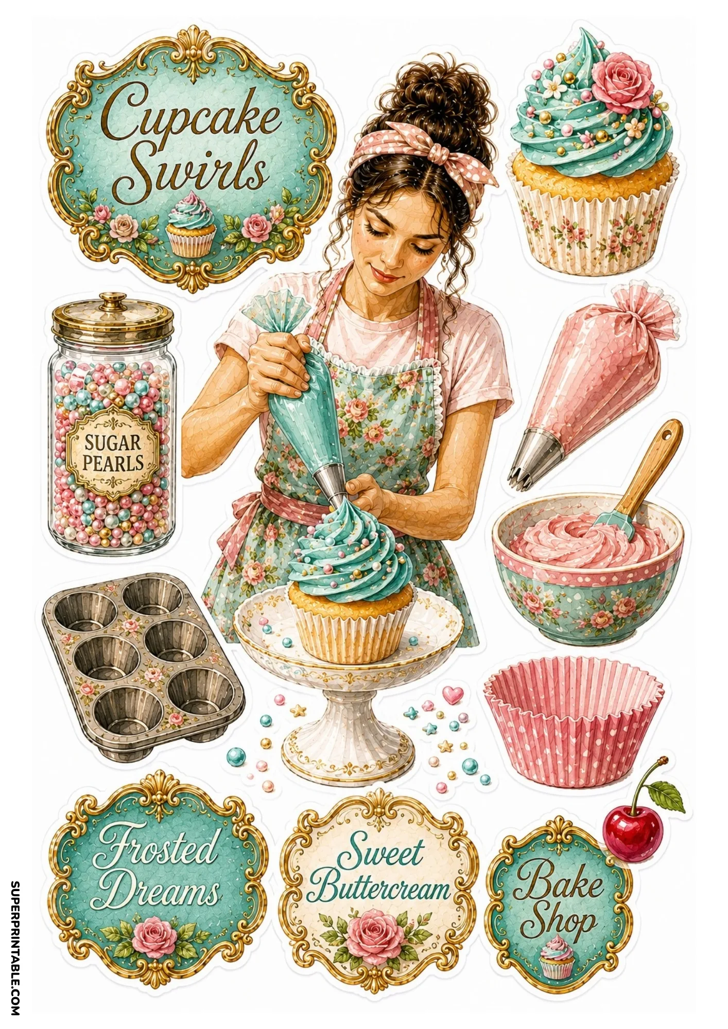 Cupcake sticker sheet depicting a baker decorating a turquoise swirl cupcake, sugar pearls jar, pink icing bag, and muffin pan.