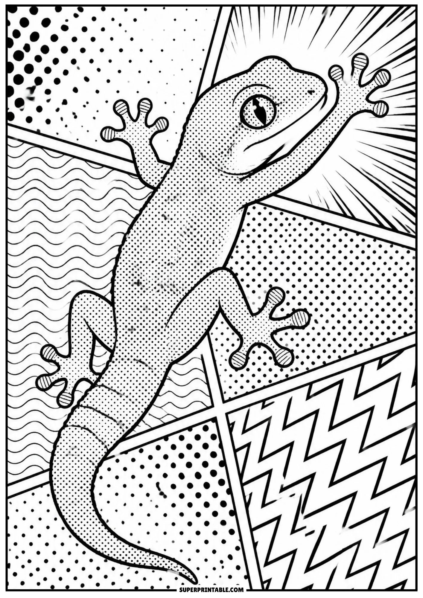 Cute gecko lizard crawling upward with visible foot pads against pop art wavy pattern panels.