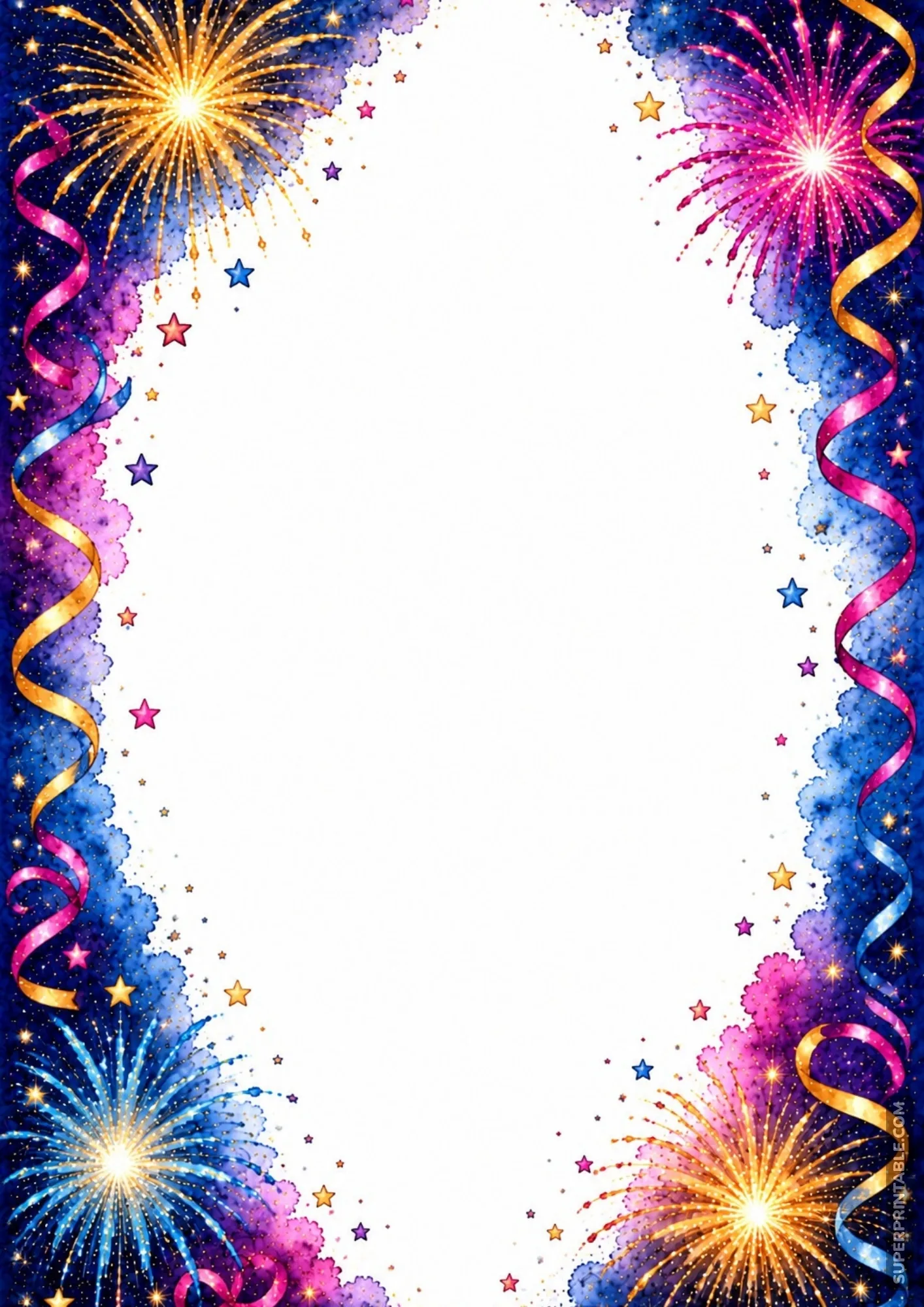 Swirling magenta and gold party ribbons weaving around corner fireworks explosions on a decorative border page.