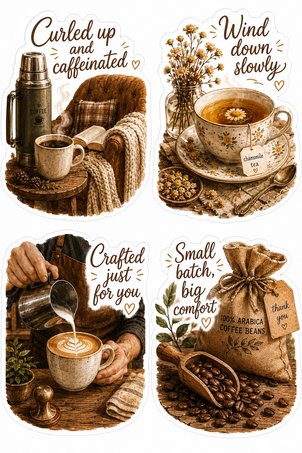 Curled Up Caffeinated Small Batch Comfort Sheet featuring cozy coffee aesthetic, tea time rituals, espresso drinks, and bakery cafes.