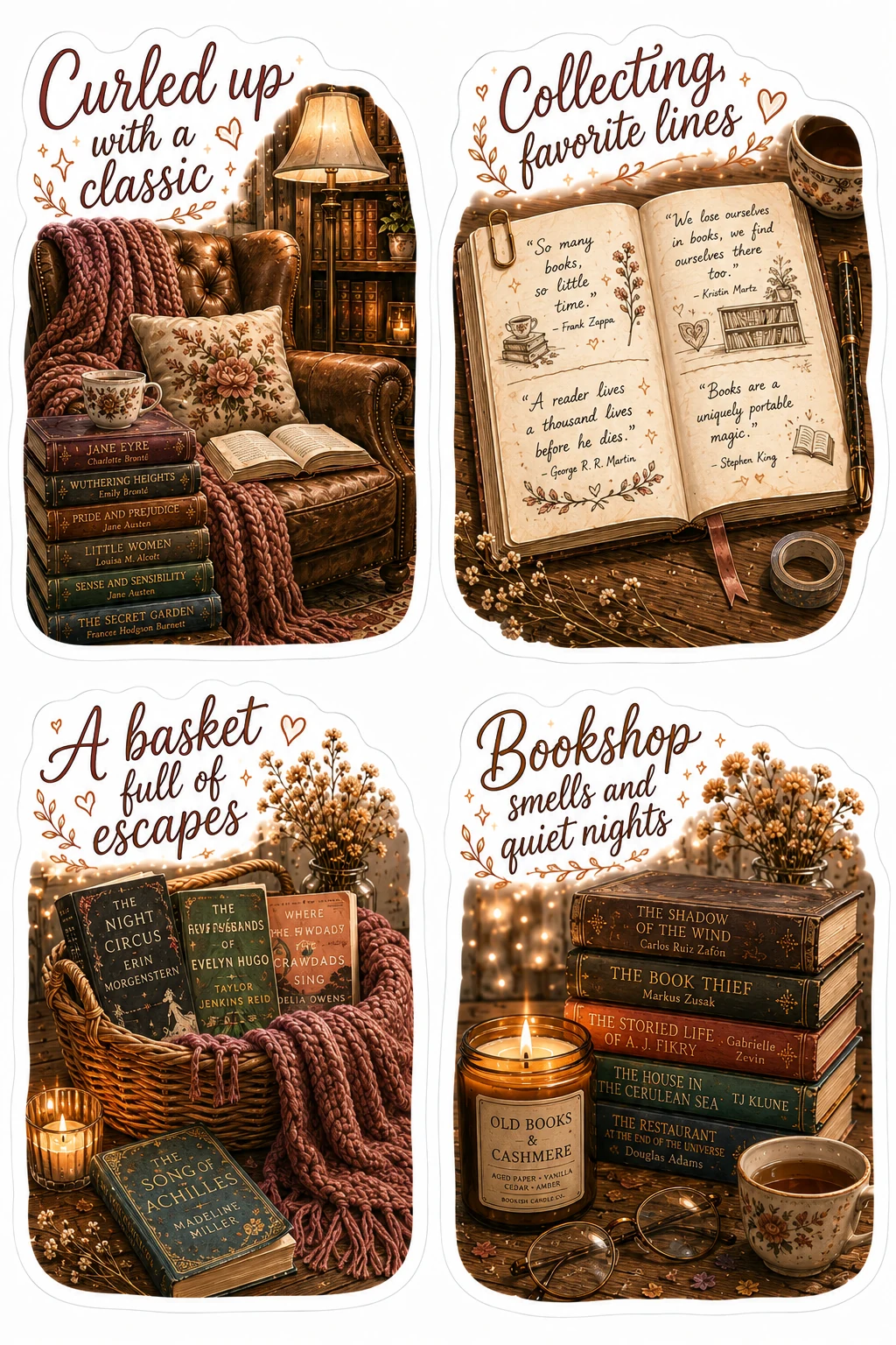 Curled Up Classic Bookshop Quiet Nights Sheet featuring cozy reading nooks, vintage library books, armchair reading, and bookshop aesthetics.