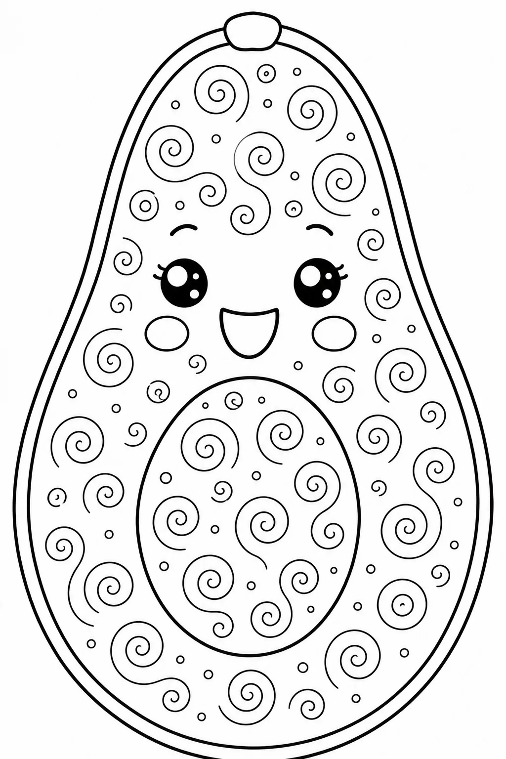 Fun avocado coloring pages covered in curly spiral patterns.