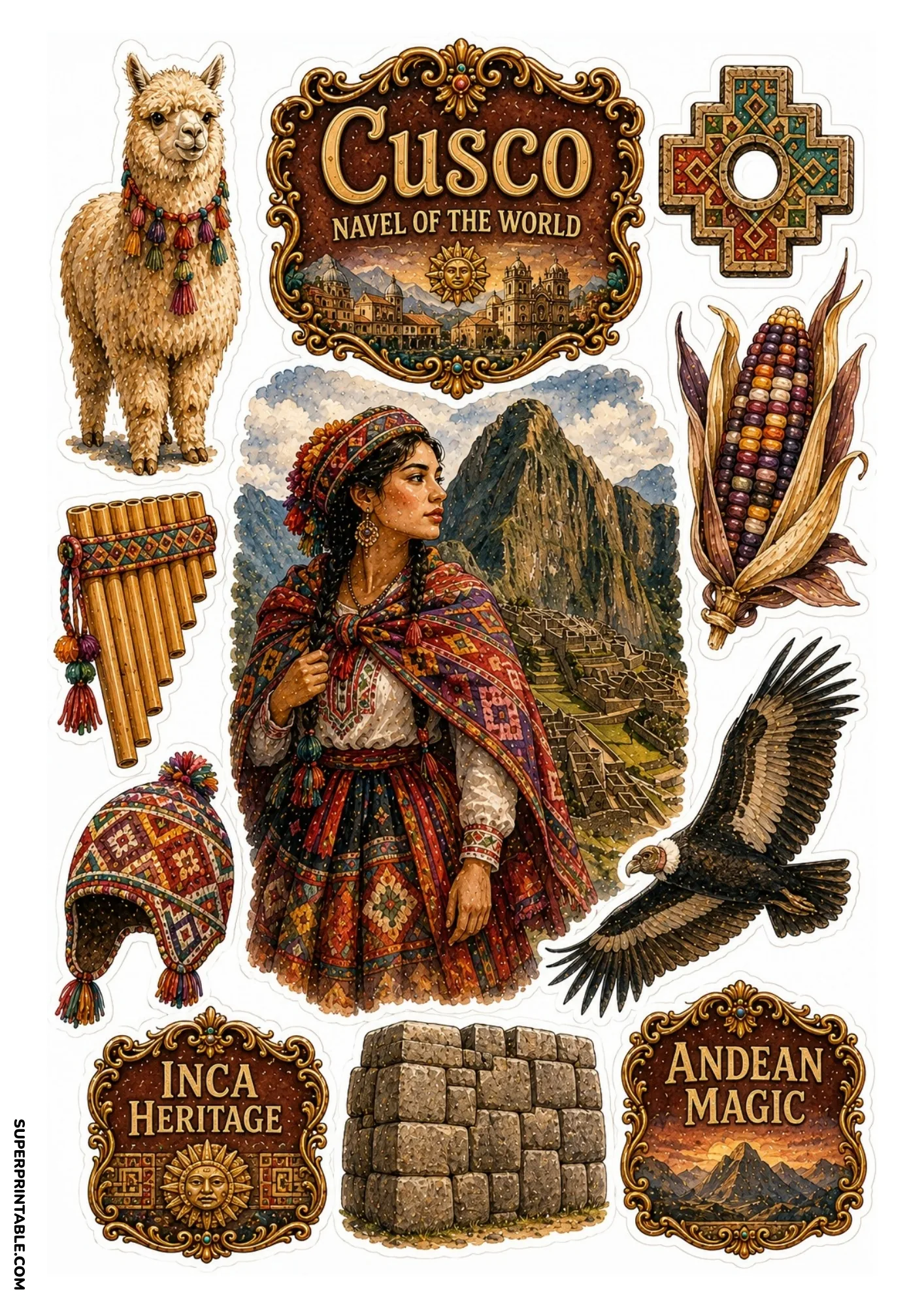 Cusco Peru sticker sheet featuring Machu Picchu ruins, llamas, and Andean textiles