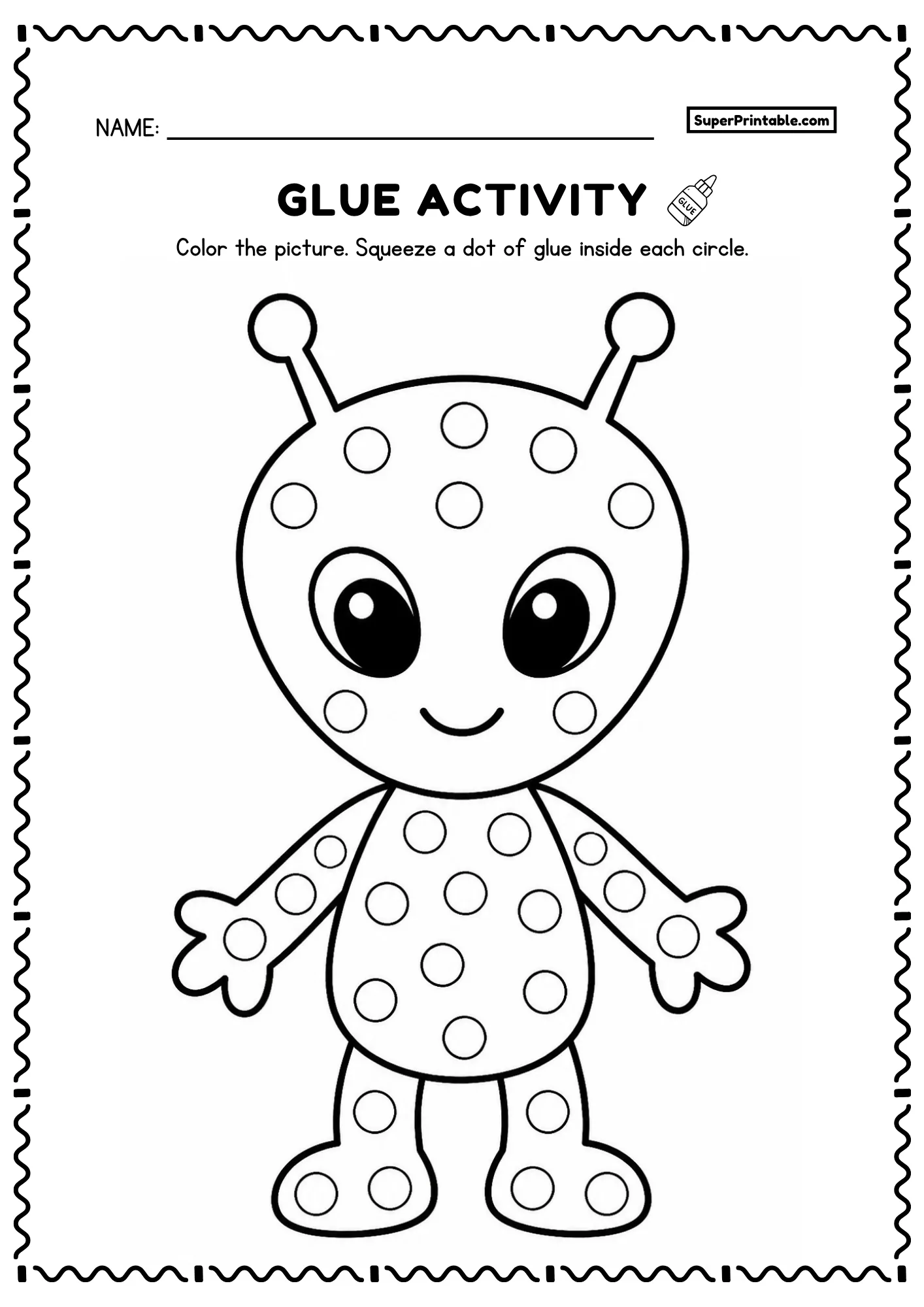 Cute smiling alien glue activity with circles for preschool and kindergarten children