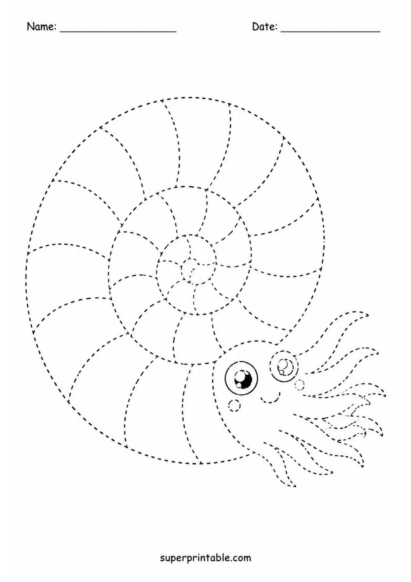 Cute cartoon ammonite fossil shell tracing sheet for prehistoric fun.