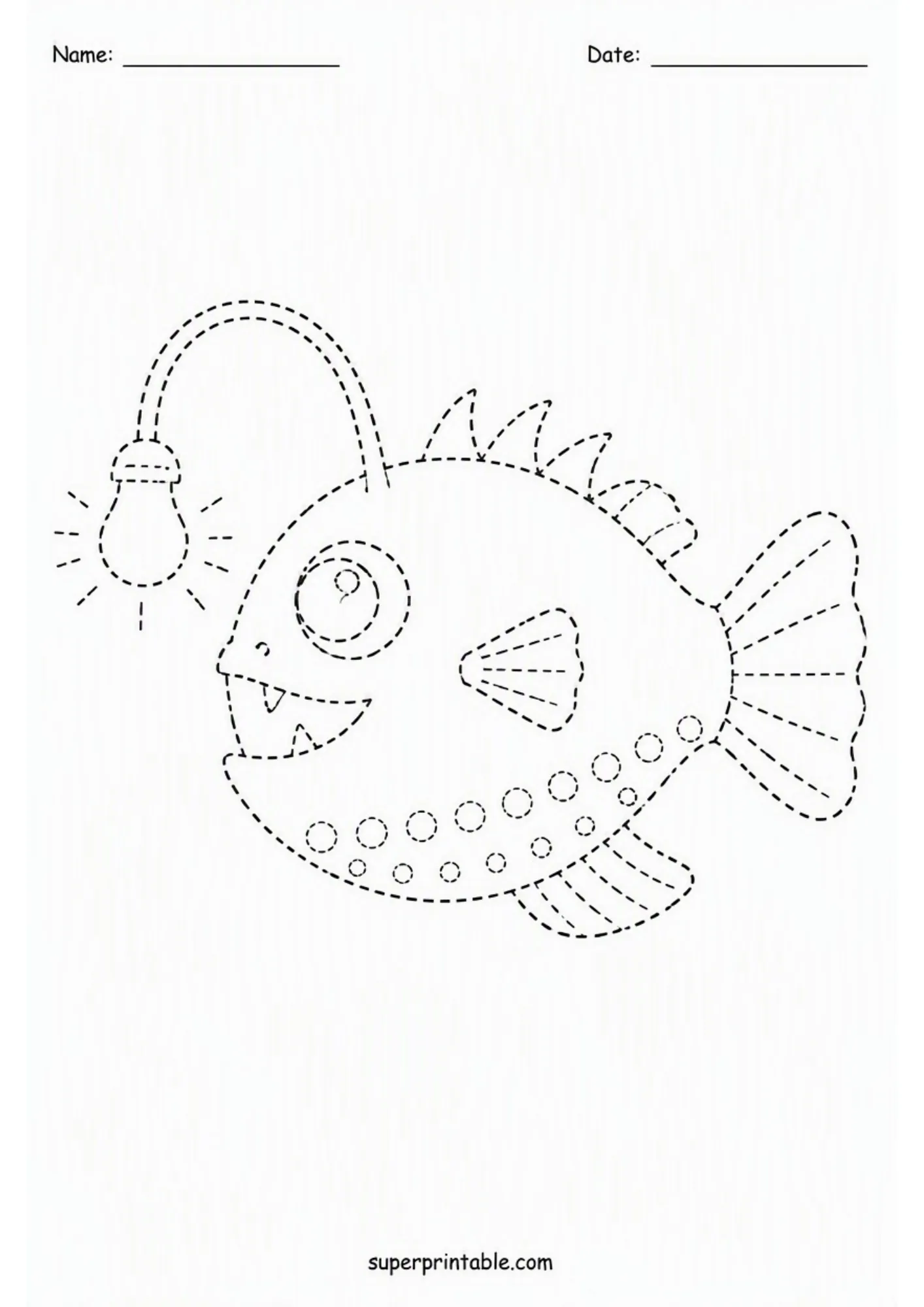 Playful anglerfish with glowing lightbulb lure tracing page for deep ocean activity worksheets practice.