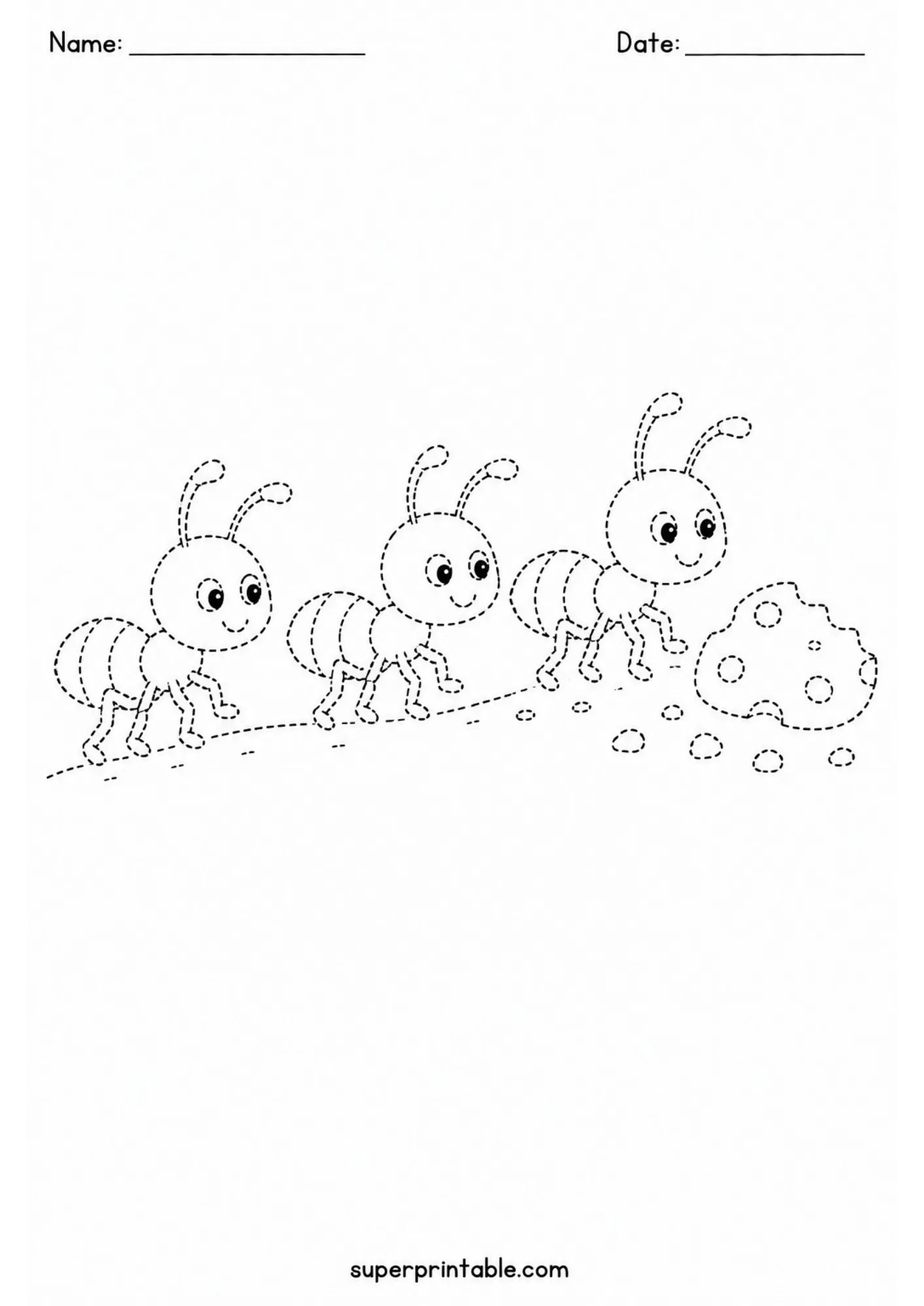 Picnic activity worksheets line tracing sheet of three cartoon ants marching toward food crumbs.