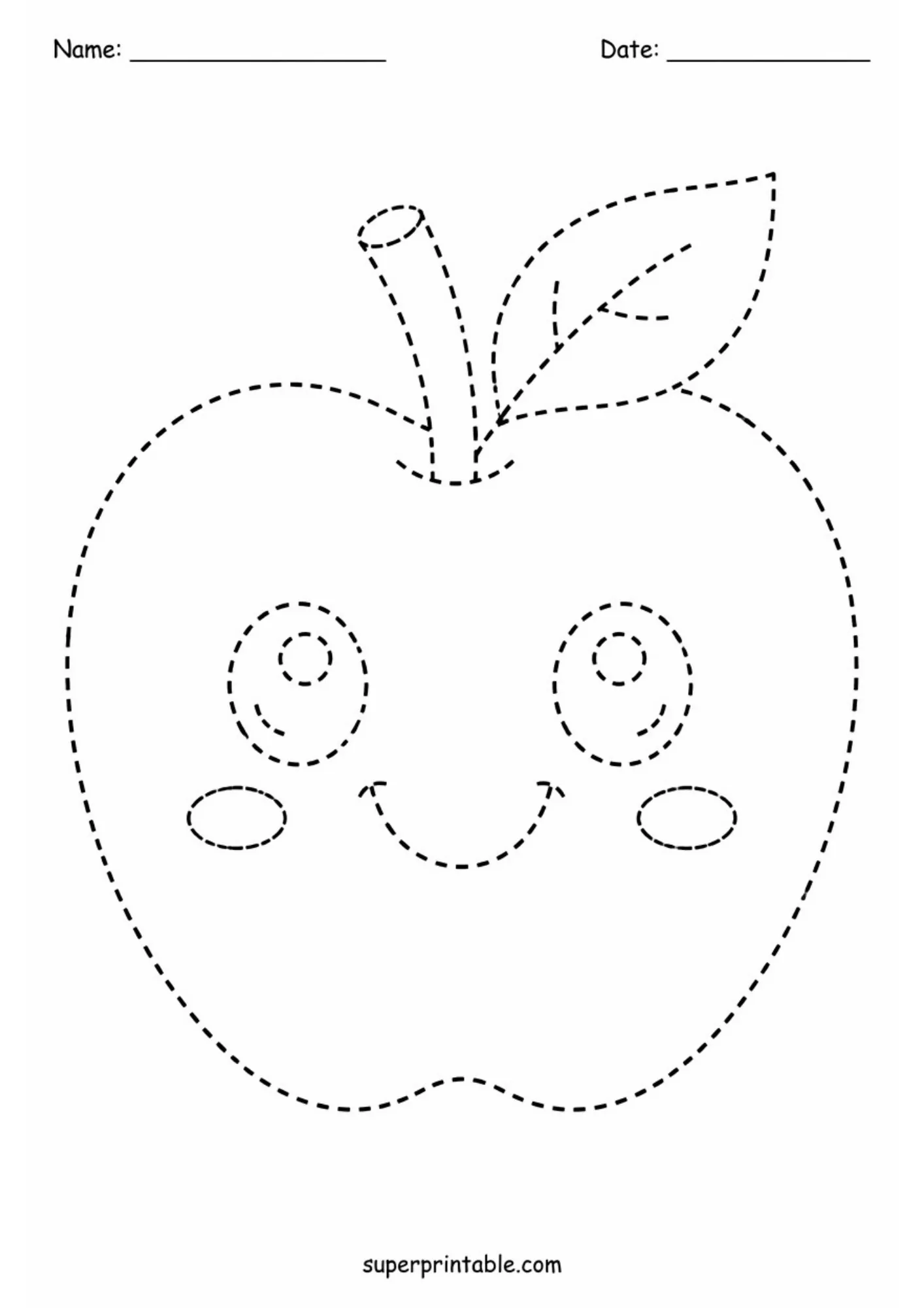 Cute smiling apple page in fruits and vegetables tracing worksheets.