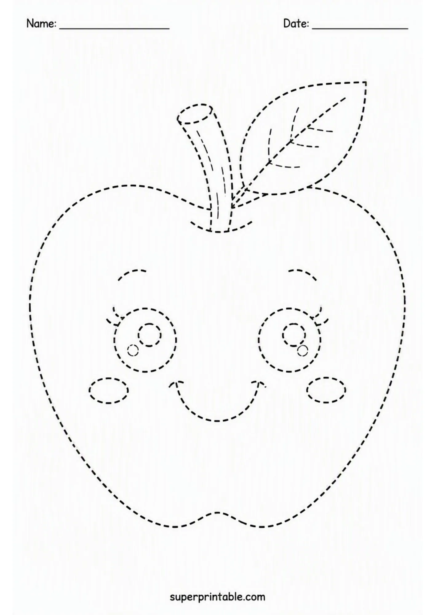 Cute cartoon apple face with long eyelashes and leaf in dashed lines.