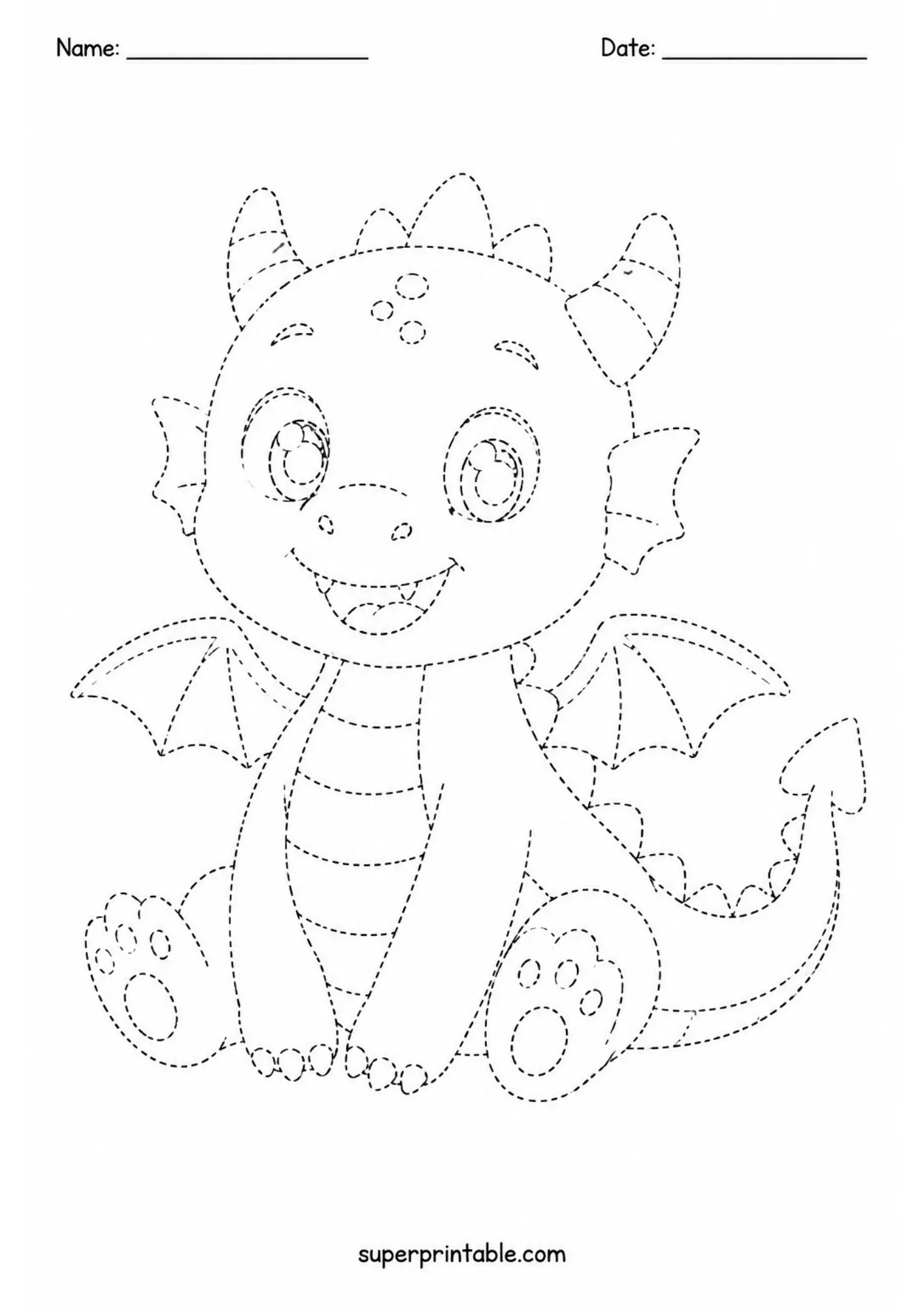 Cute baby dragon with tiny wings and horns rendered in dashed lines for kids tracing practice.