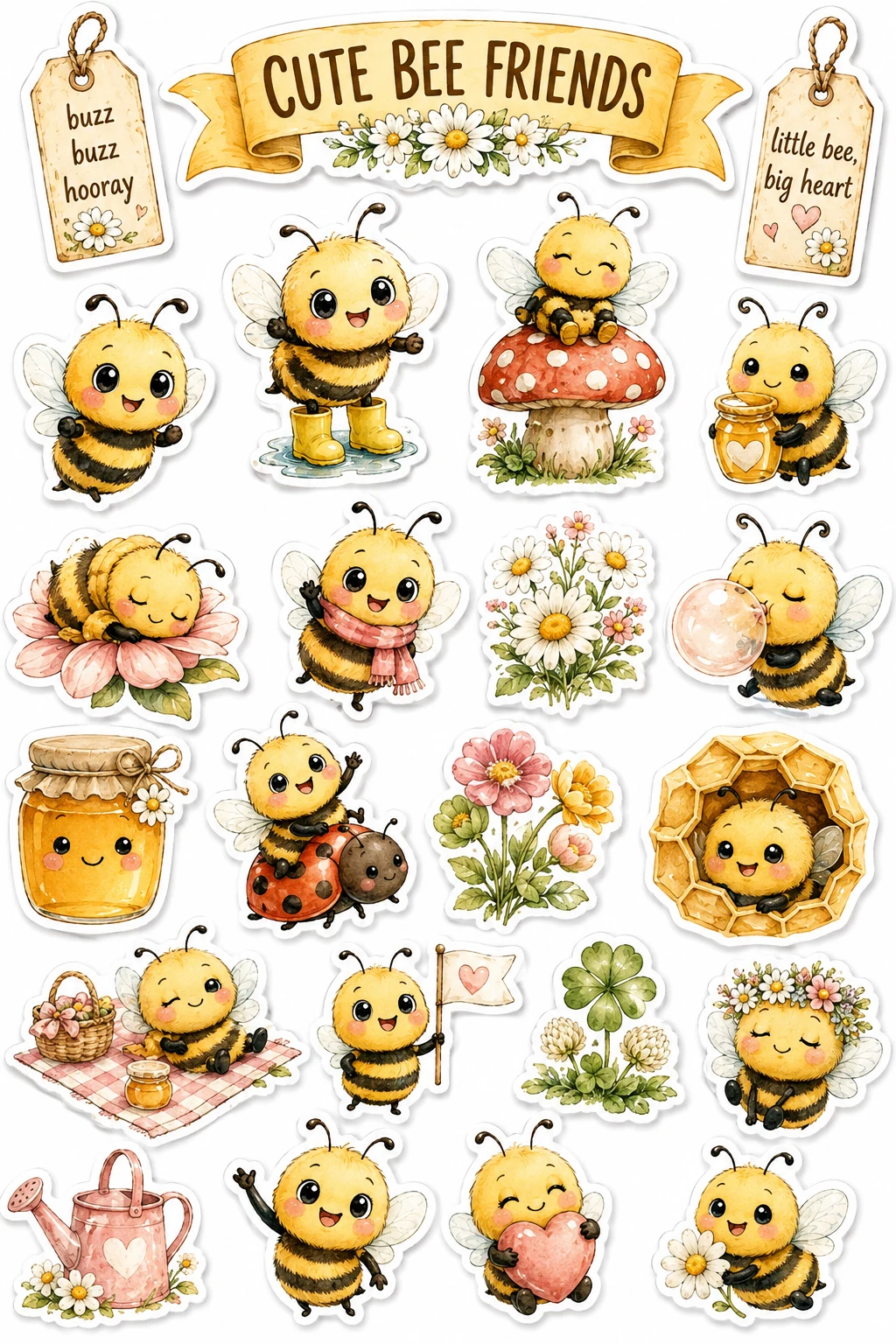 Cute Bee Friends Cartoon Honeybee Mushroom Sheet featuring honeybees, beekeeping, honey jars, wildflowers, and honeycombs.
