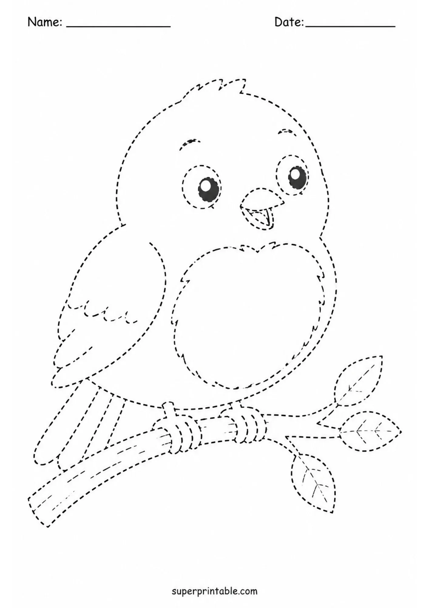 Bird tracing worksheets featuring a cute bird perched on a leafy tree branch