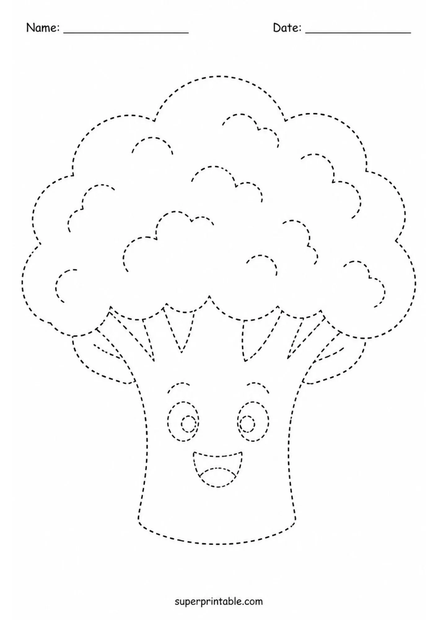 Cute happy broccoli floret character with smiling face in dashed lines.