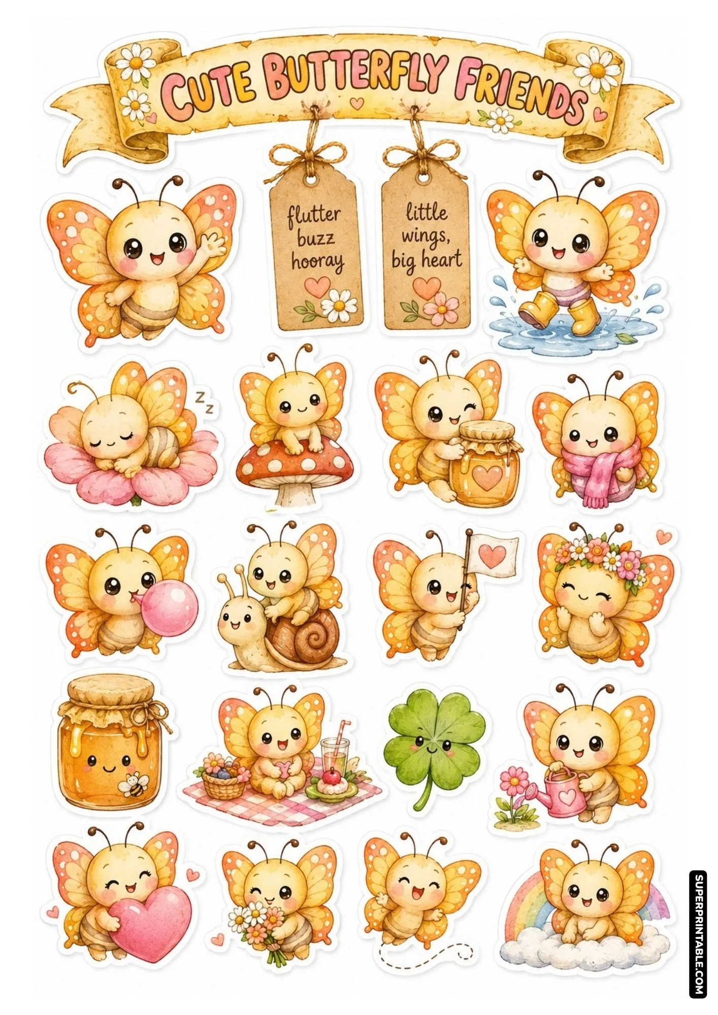 Kawaii chibi butterfly sticker sheet with cute cartoon characters wearing rain boots and riding friendly snails.