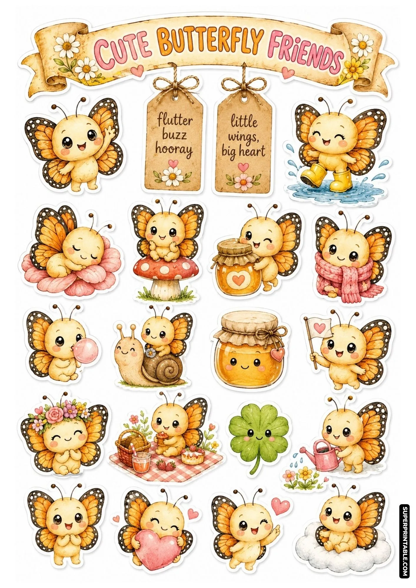 Kawaii cute butterfly friends sticker sheet featuring adorable cartoon characters and cheerful motifs.