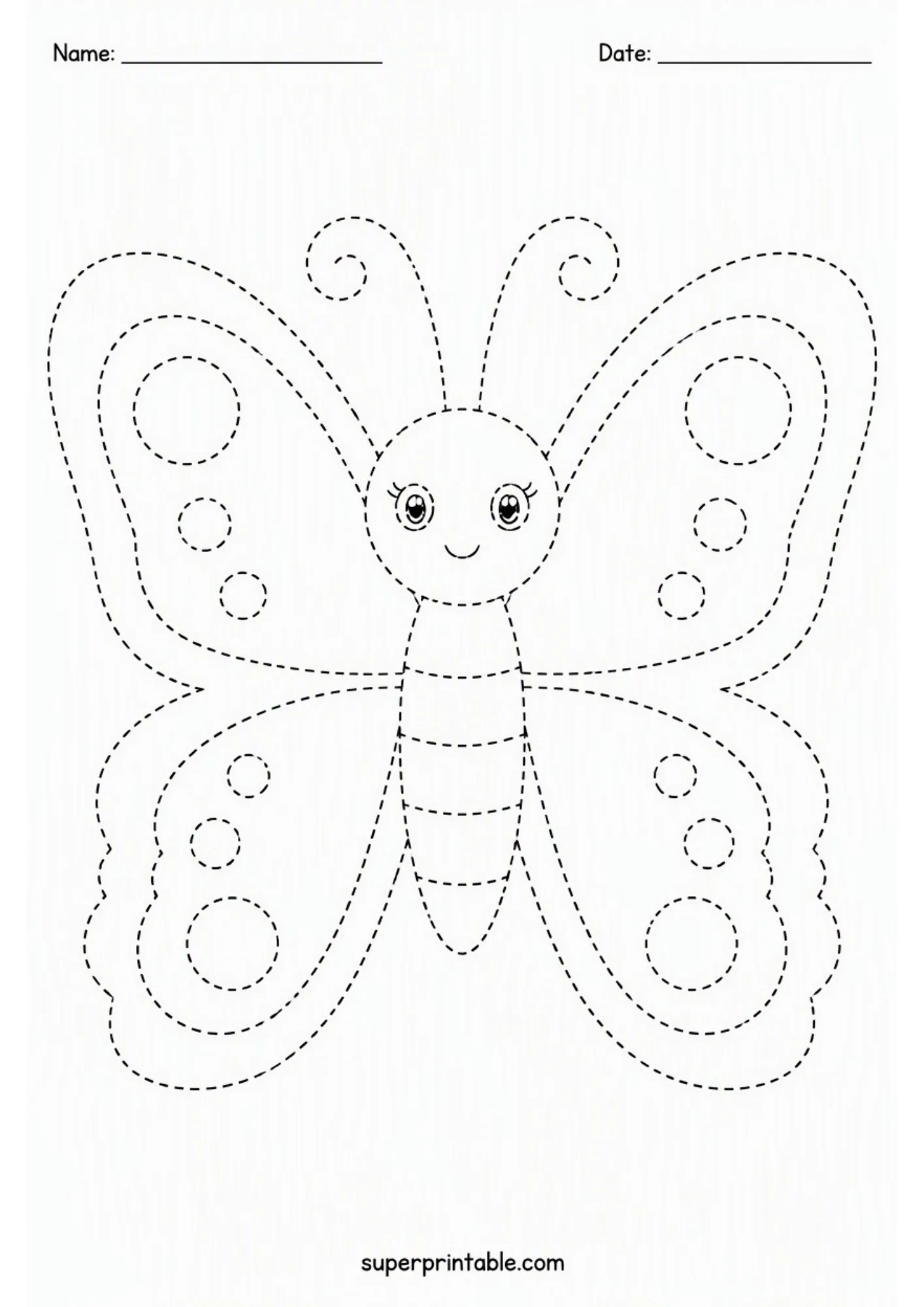 Dashed line butterfly tracing worksheet for garden bugs and insects activity worksheets.