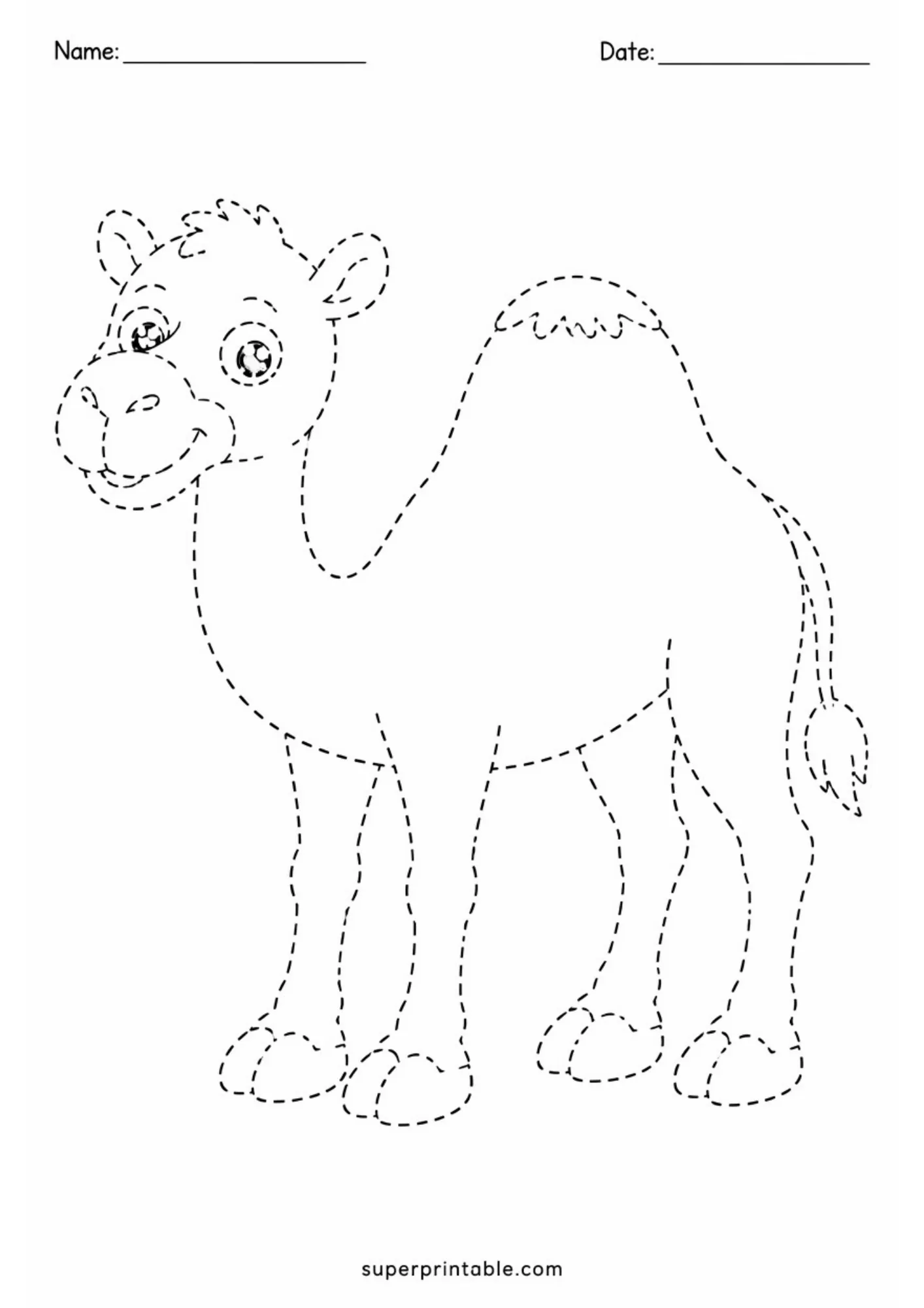 Cute cartoon camel line art tracing worksheet for early childhood pre-writing skills.