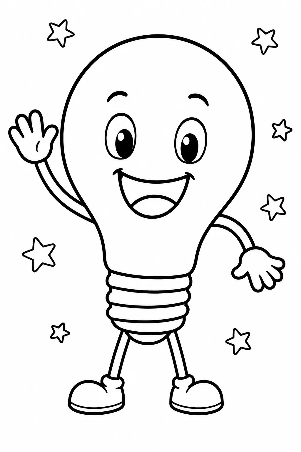 Cute smiling cartoon light bulb character waving hello with standing feet and sparkling stars.