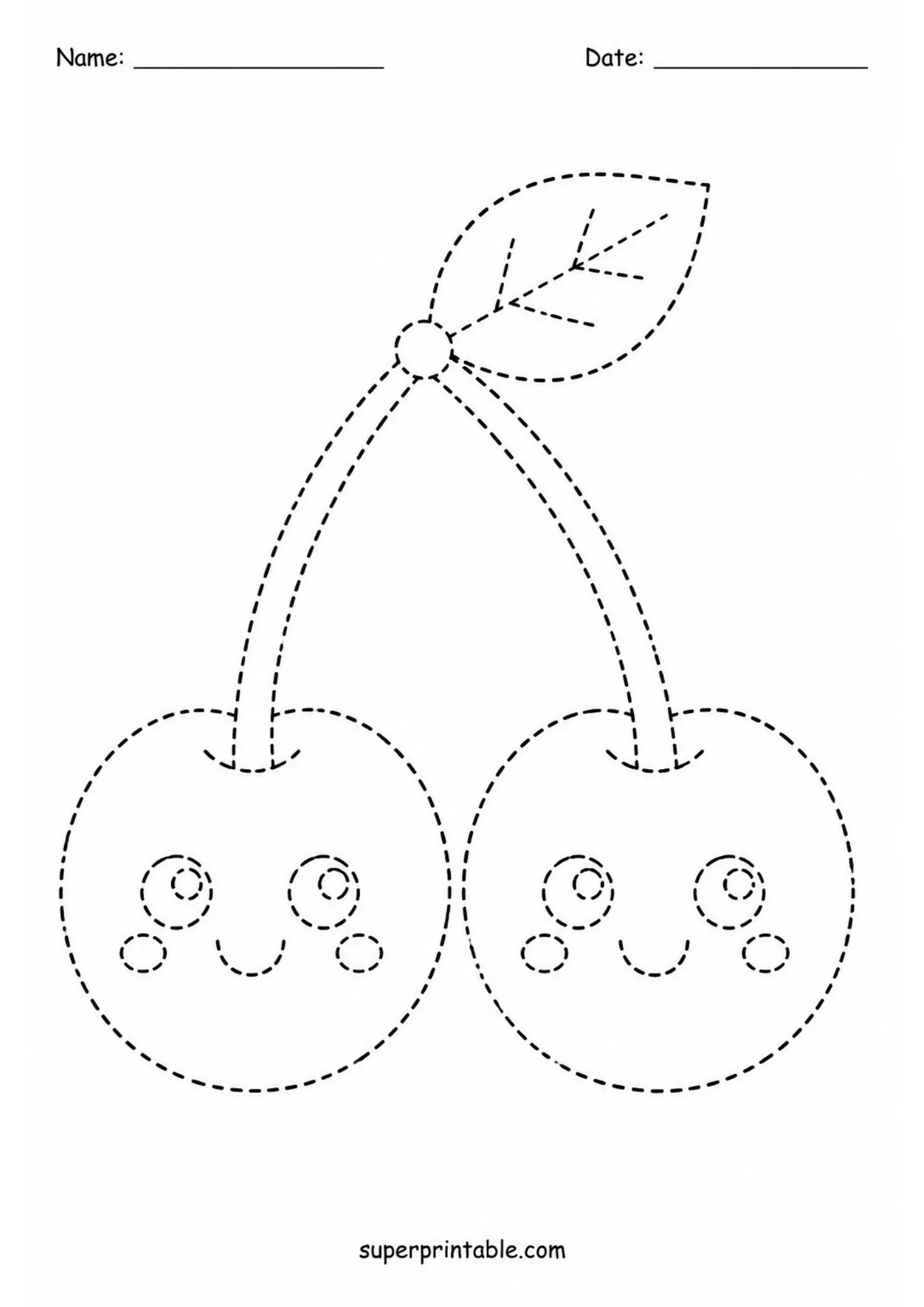 Pair of cartoon cherries with happy smiling faces in dashed line art.