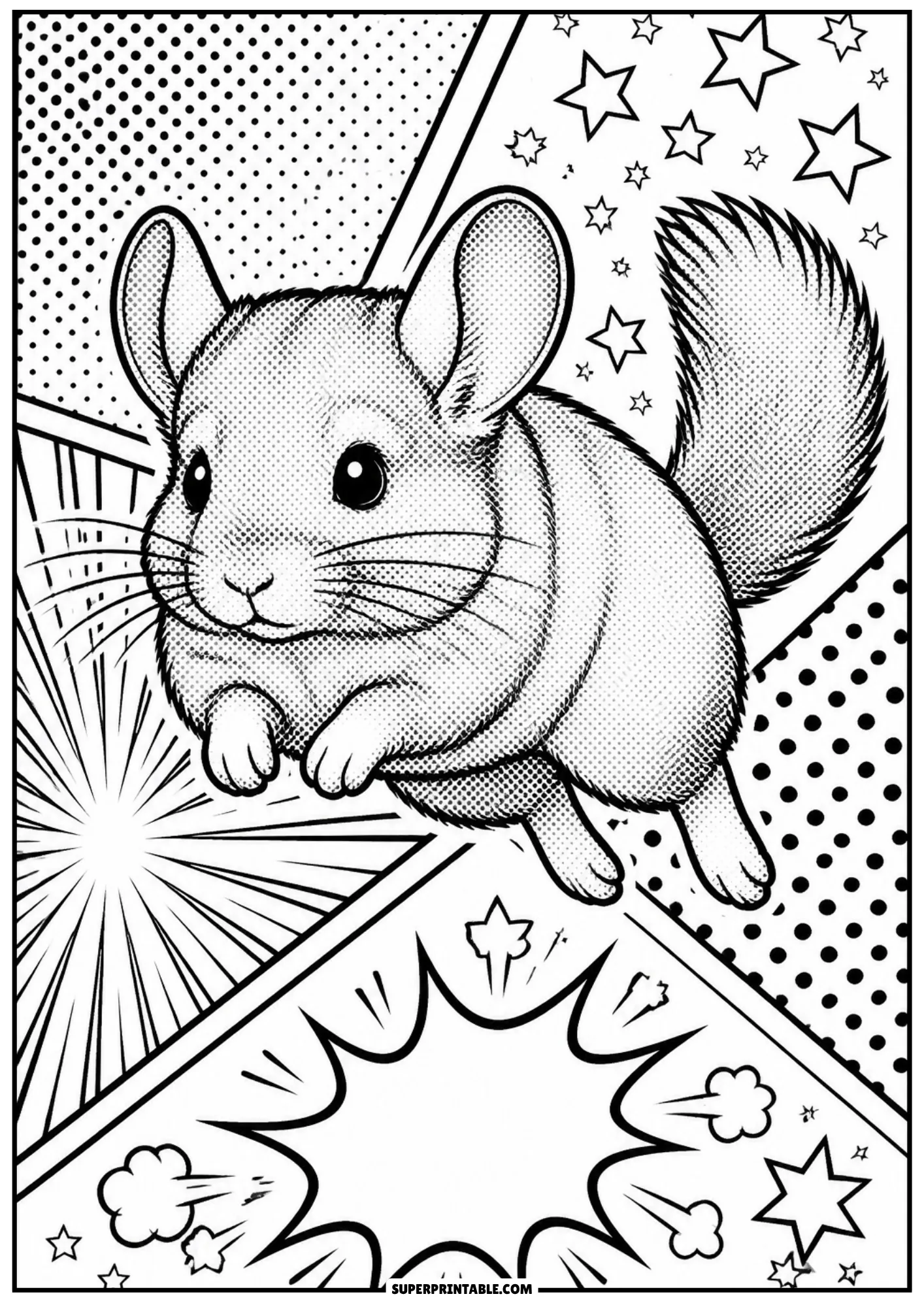 Fluffy chinchilla leaping through the air surrounded by pop art comic stars and speed bursts.