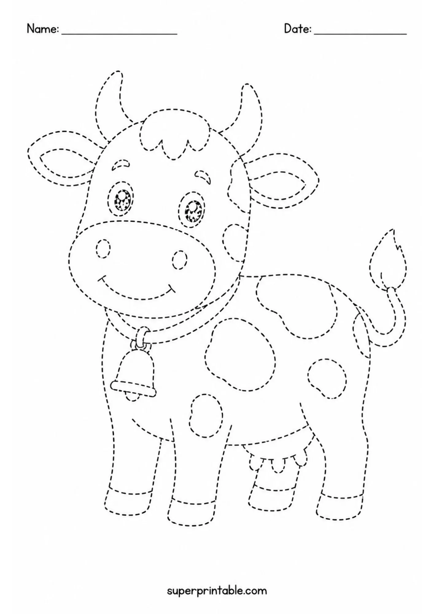 Dashed line tracing activity sheet of a cute cartoon cow wearing a cowbell around its neck.