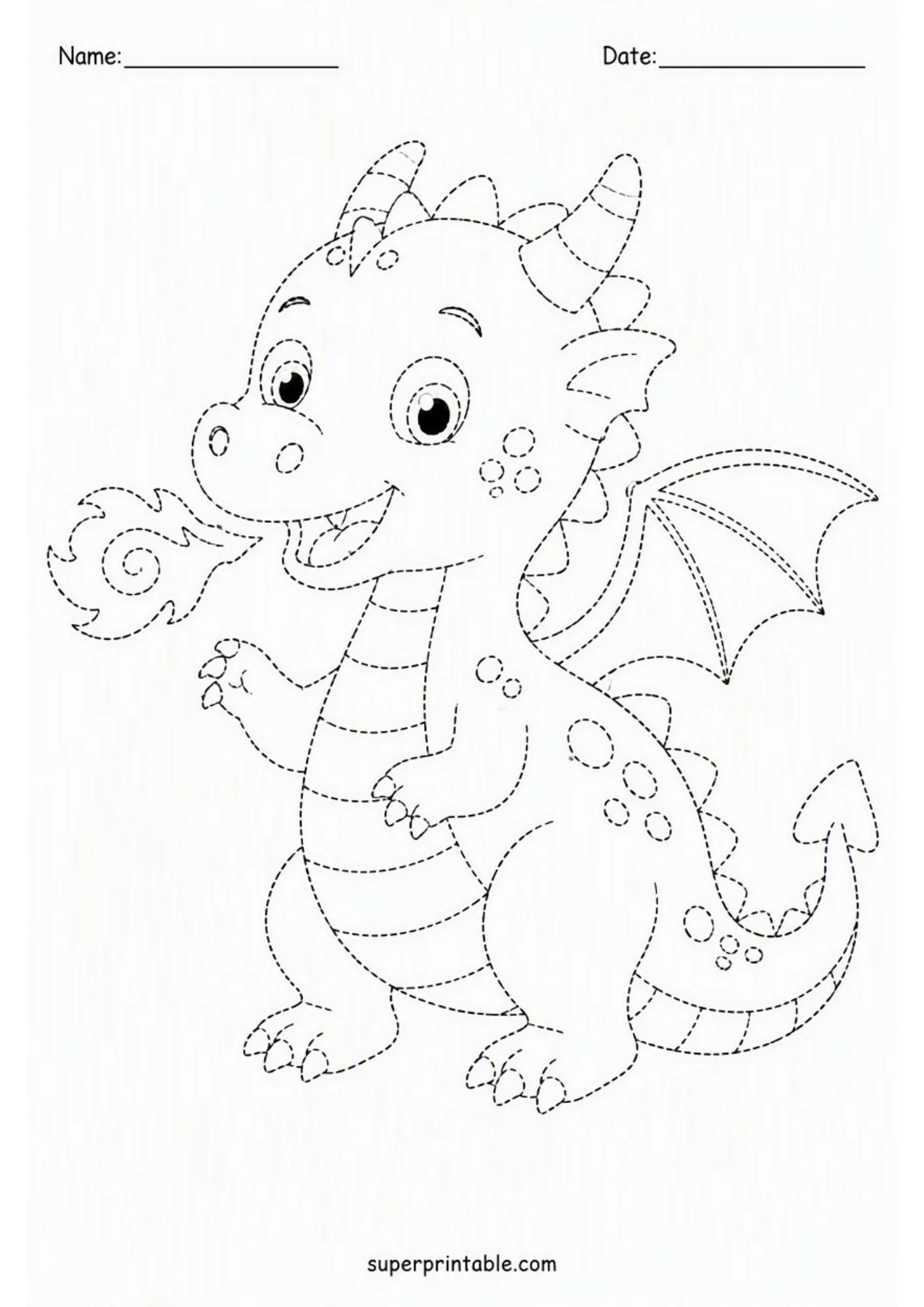 Cute baby dragon breathing fire ready for tracing activities.
