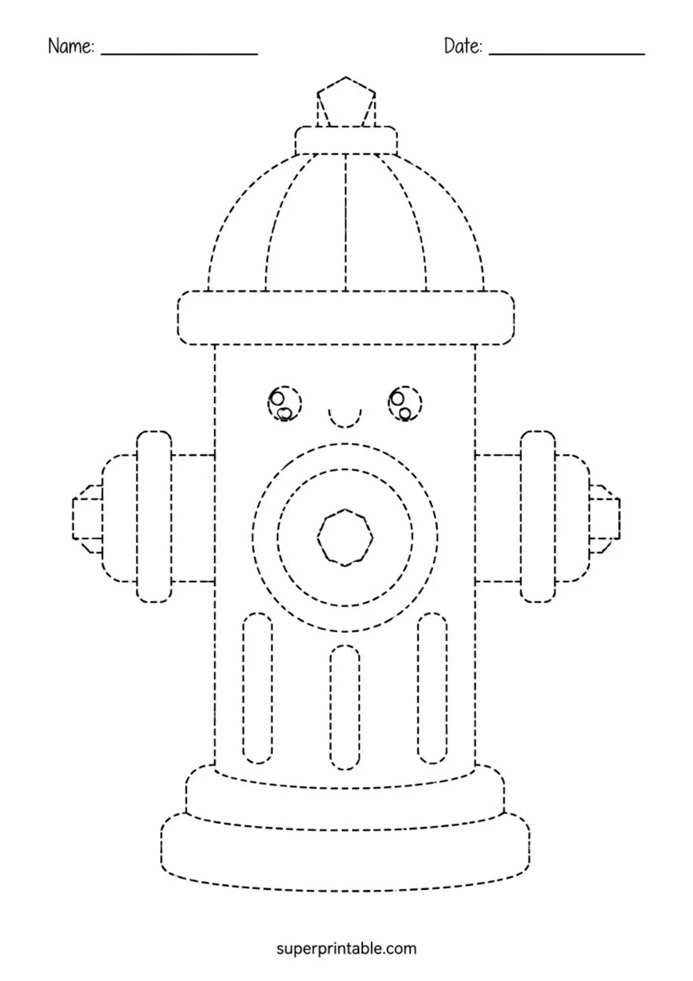 Dotted line activity sheet depicting a cheerful cartoon fire hydrant character.