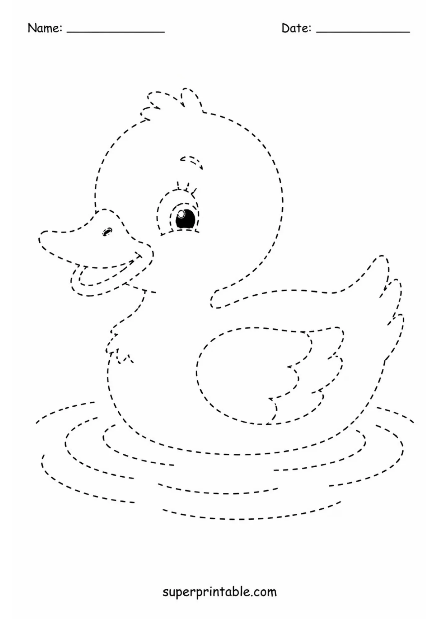 Cute duckling swimming in water ripples dashed line tracing worksheet for kids.