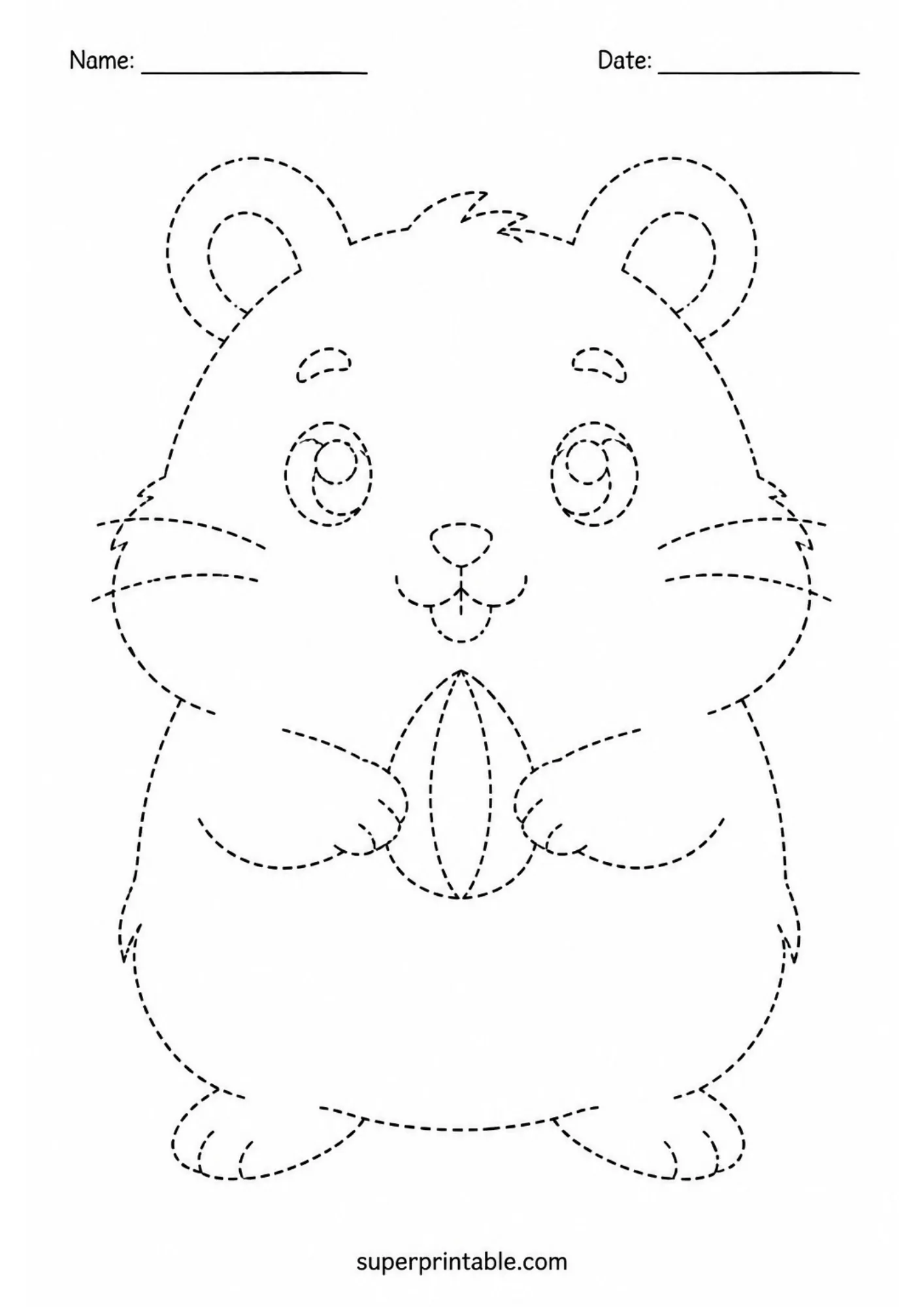 Cute hamster holding a nut dashed line tracing worksheet with name and date header.