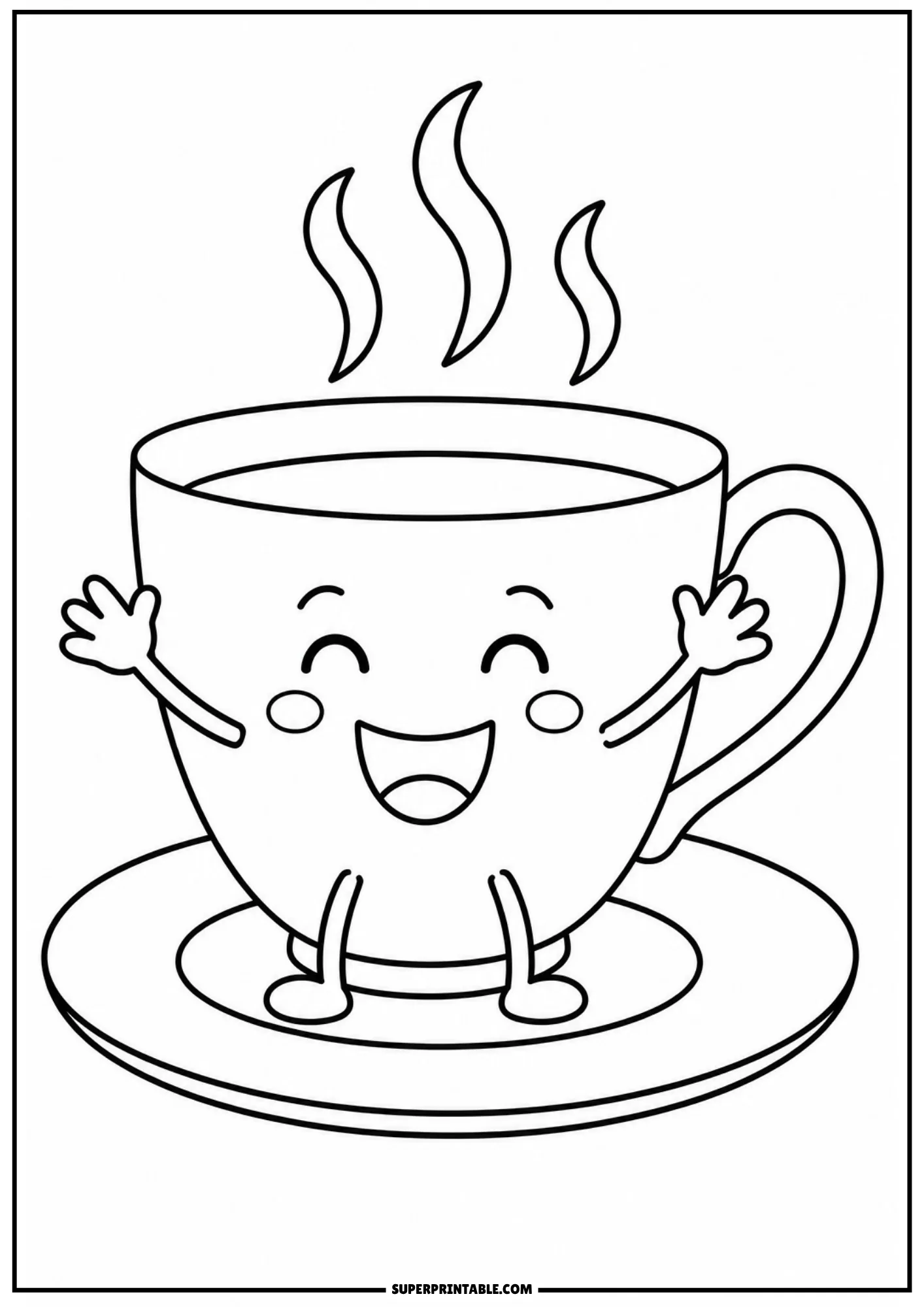 Cheerful cartoon tea cup character with a happy smiling face, waving arms, and steam line art.
