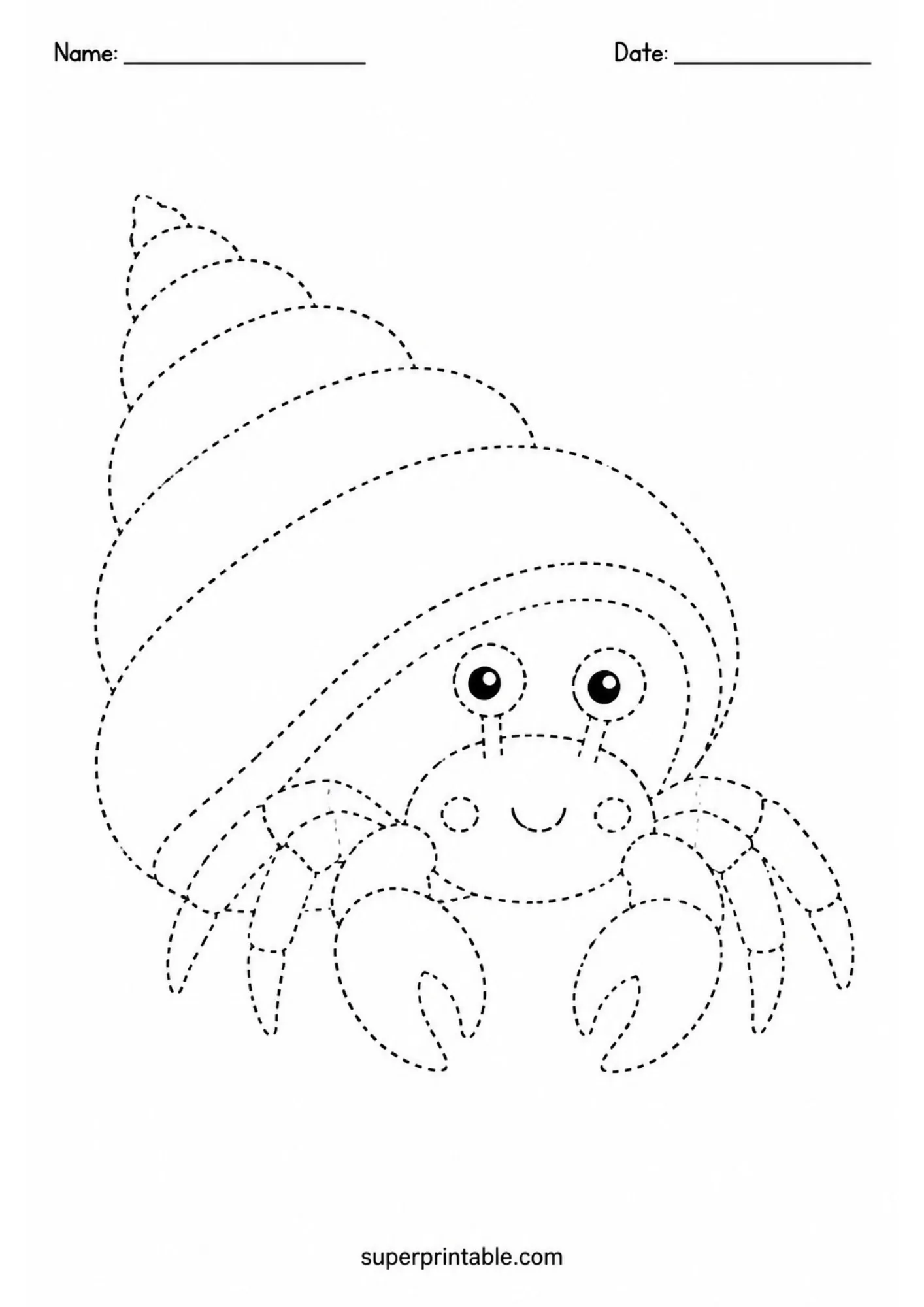Kids tracing page featuring a adorable hermit crab peeking out of its spiral shell.