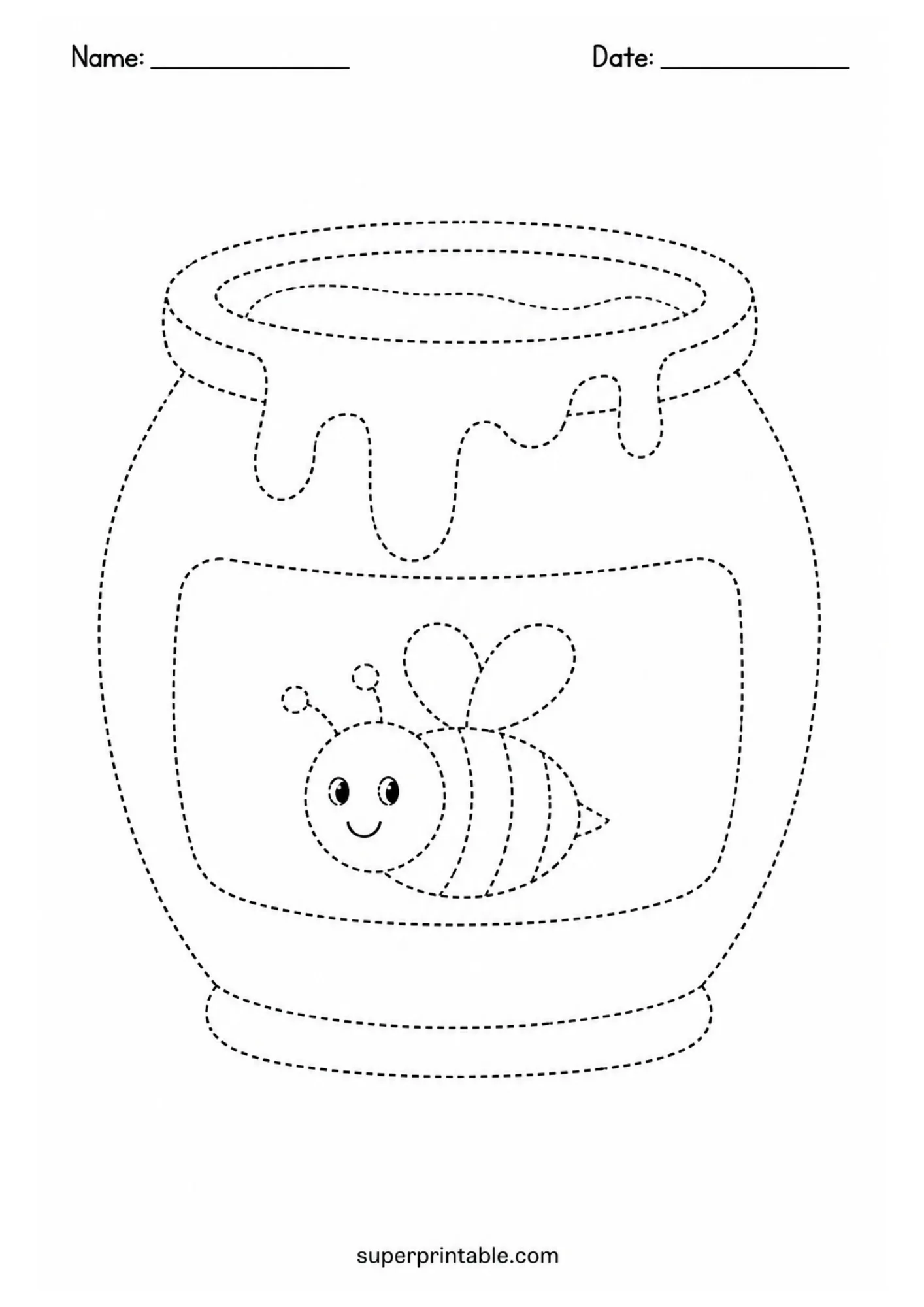 Line art tracing sheet displaying a jar of honey with a cute smiling honeybee on the front label.